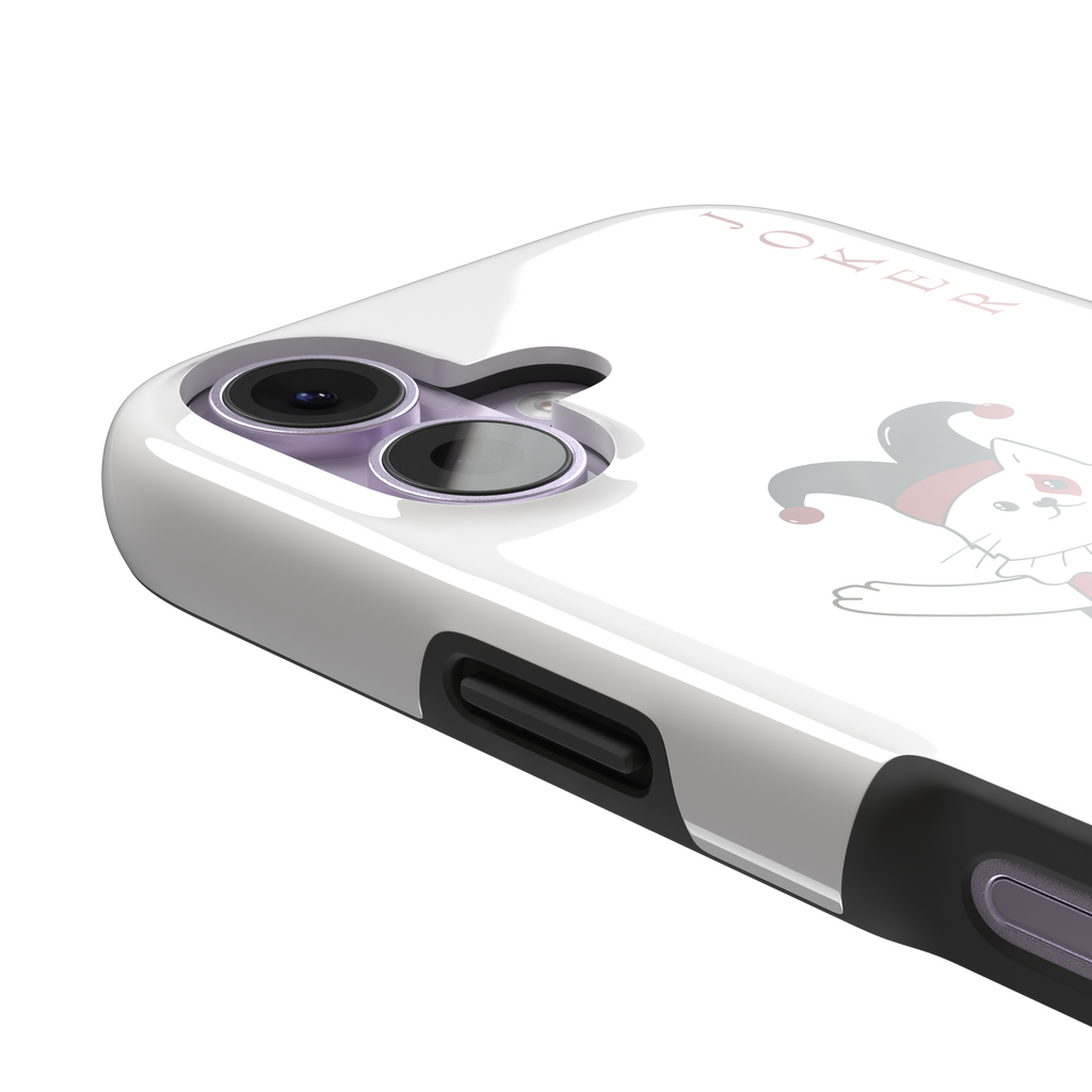 Lord of Jokers phone case in white featuring the same illustrated cat joker in a crimson heart-patterned robe and black jester hat, holding a heart staff, styled as a playing card with JOKER lettered vertically in dark red, white background color variant, phone case by Caselier — tough case, volume buttons detail