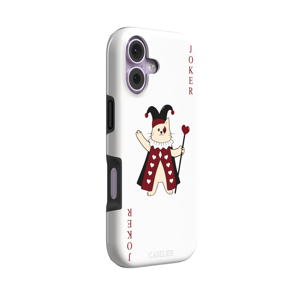 Lord of Jokers phone case in white featuring the same illustrated cat joker in a crimson heart-patterned robe and black jester hat, holding a heart staff, styled as a playing card with JOKER lettered vertically in dark red, white background color variant, phone case by Caselier — tough case, left view