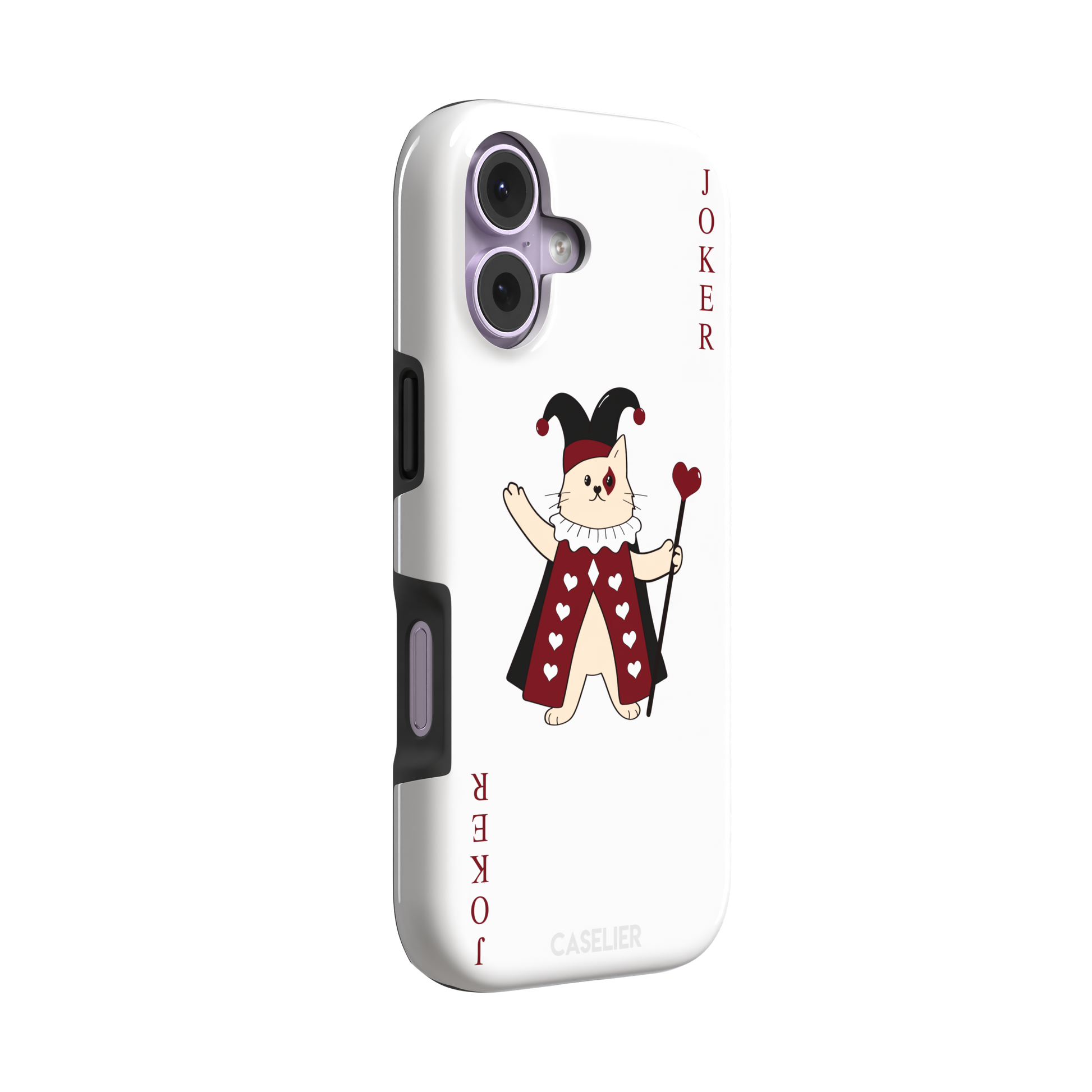 Lord of Jokers phone case in white featuring the same illustrated cat joker in a crimson heart-patterned robe and black jester hat, holding a heart staff, styled as a playing card with JOKER lettered vertically in dark red, white background color variant, phone case by Caselier — tough case, left view