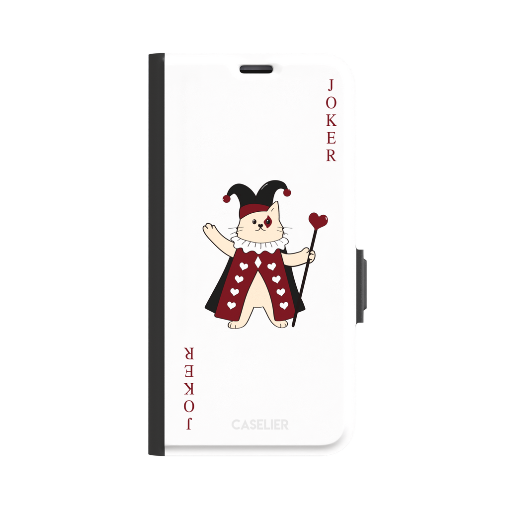 Lord of Jokers phone case in white featuring the same illustrated cat joker in a crimson heart-patterned robe and black jester hat, holding a heart staff, styled as a playing card with JOKER lettered vertically in dark red, white background color variant, phone case by Caselier — wallet case, front view
