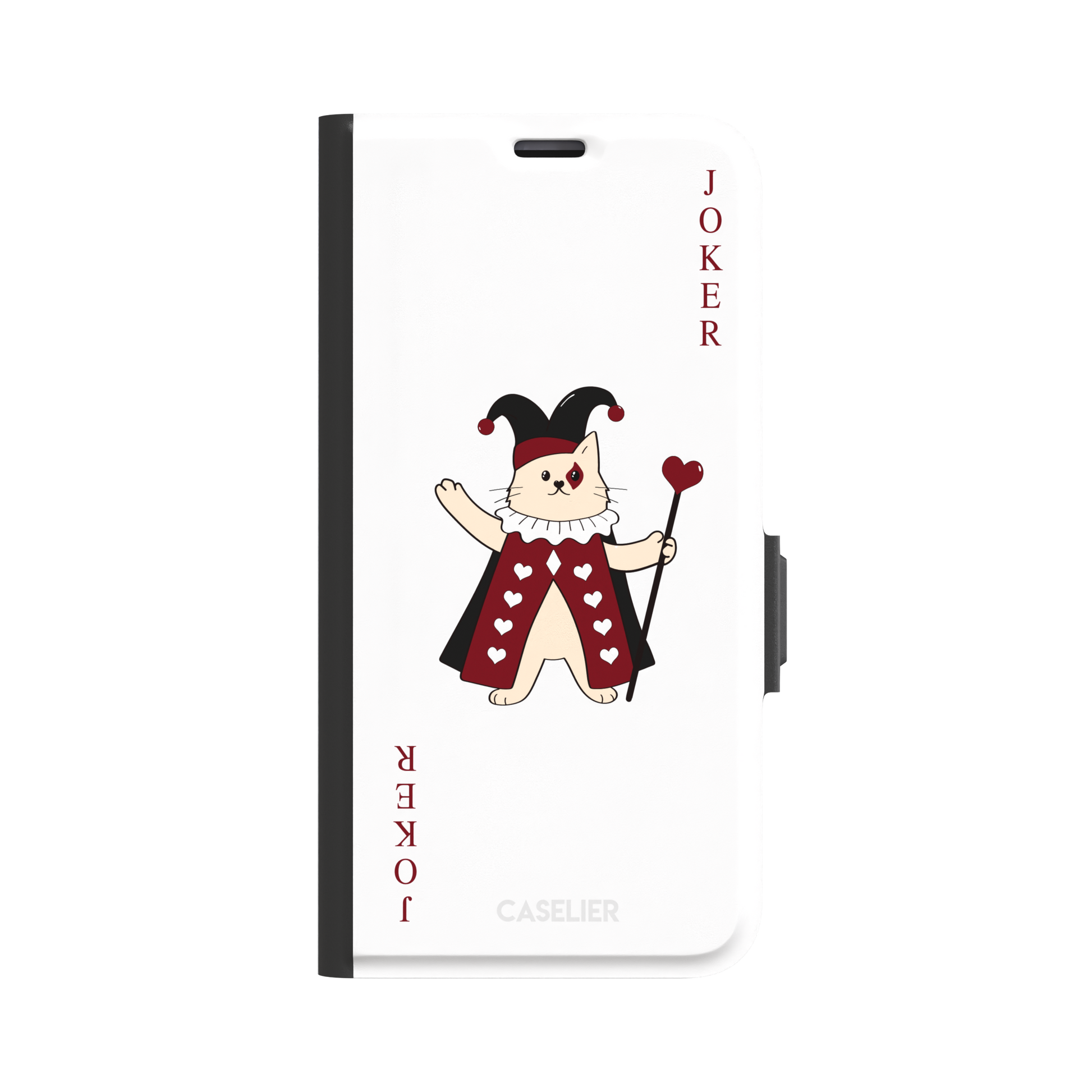 Lord of Jokers phone case in white featuring the same illustrated cat joker in a crimson heart-patterned robe and black jester hat, holding a heart staff, styled as a playing card with JOKER lettered vertically in dark red, white background color variant, phone case by Caselier — wallet case, front view