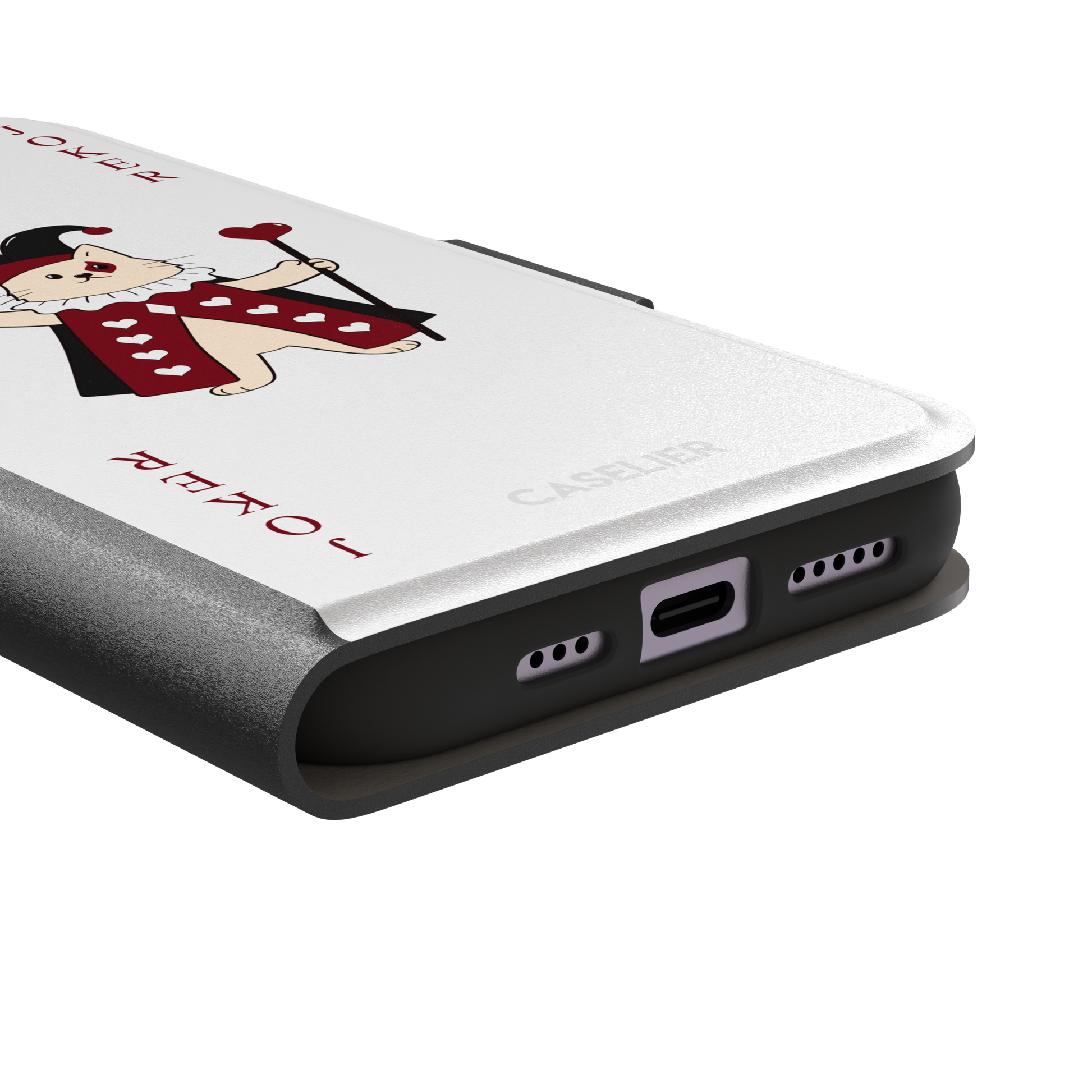Lord of Jokers phone case in white featuring the same illustrated cat joker in a crimson heart-patterned robe and black jester hat, holding a heart staff, styled as a playing card with JOKER lettered vertically in dark red, white background color variant, phone case by Caselier — wallet case, charging port detail