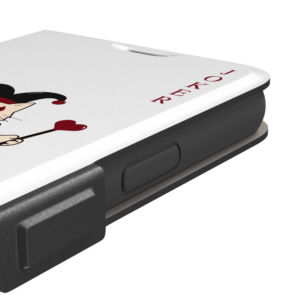 Lord of Jokers phone case in white featuring the same illustrated cat joker in a crimson heart-patterned robe and black jester hat, holding a heart staff, styled as a playing card with JOKER lettered vertically in dark red, white background color variant, phone case by Caselier — wallet case, volume buttons detail