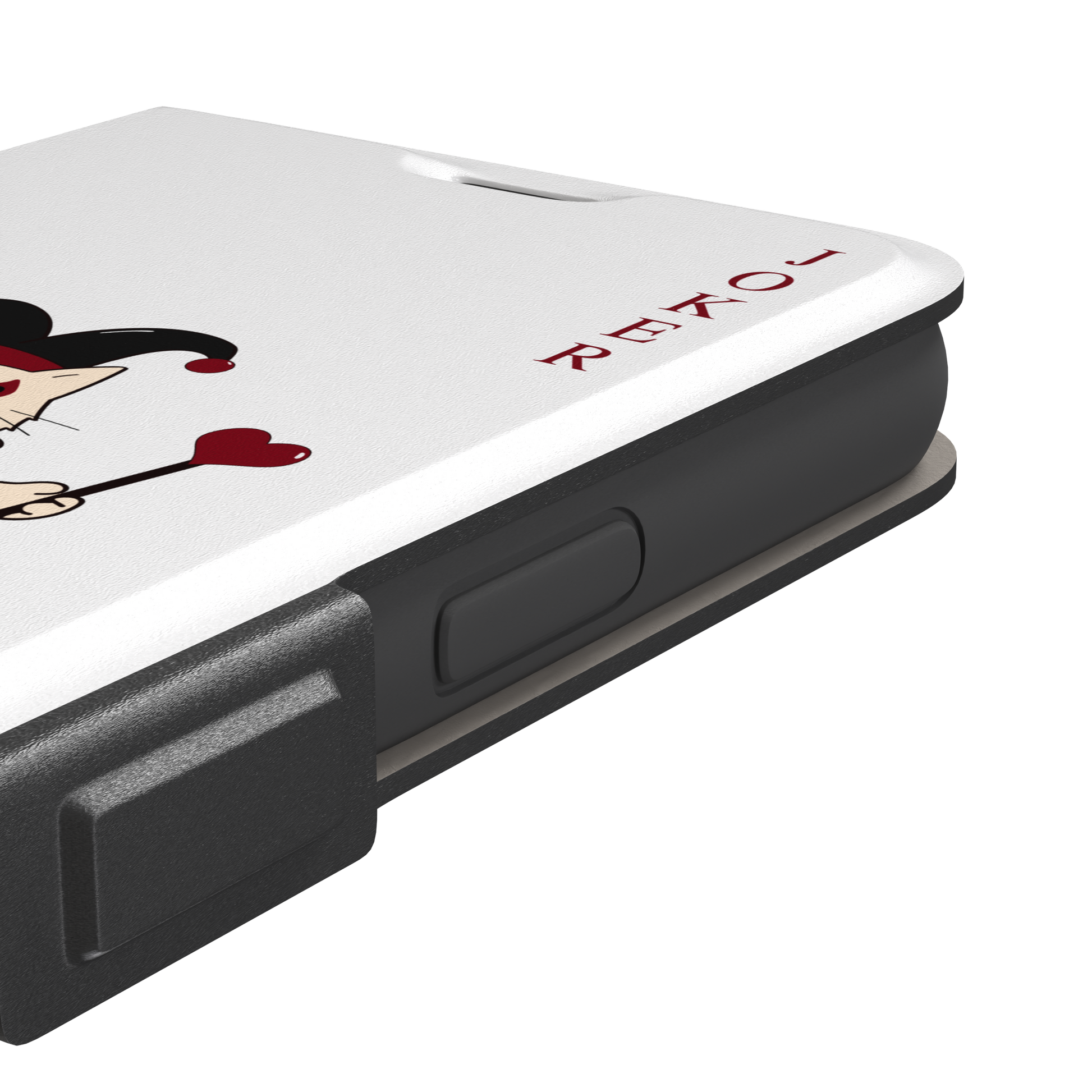 Lord of Jokers phone case in white featuring the same illustrated cat joker in a crimson heart-patterned robe and black jester hat, holding a heart staff, styled as a playing card with JOKER lettered vertically in dark red, white background color variant, phone case by Caselier — wallet case, volume buttons detail