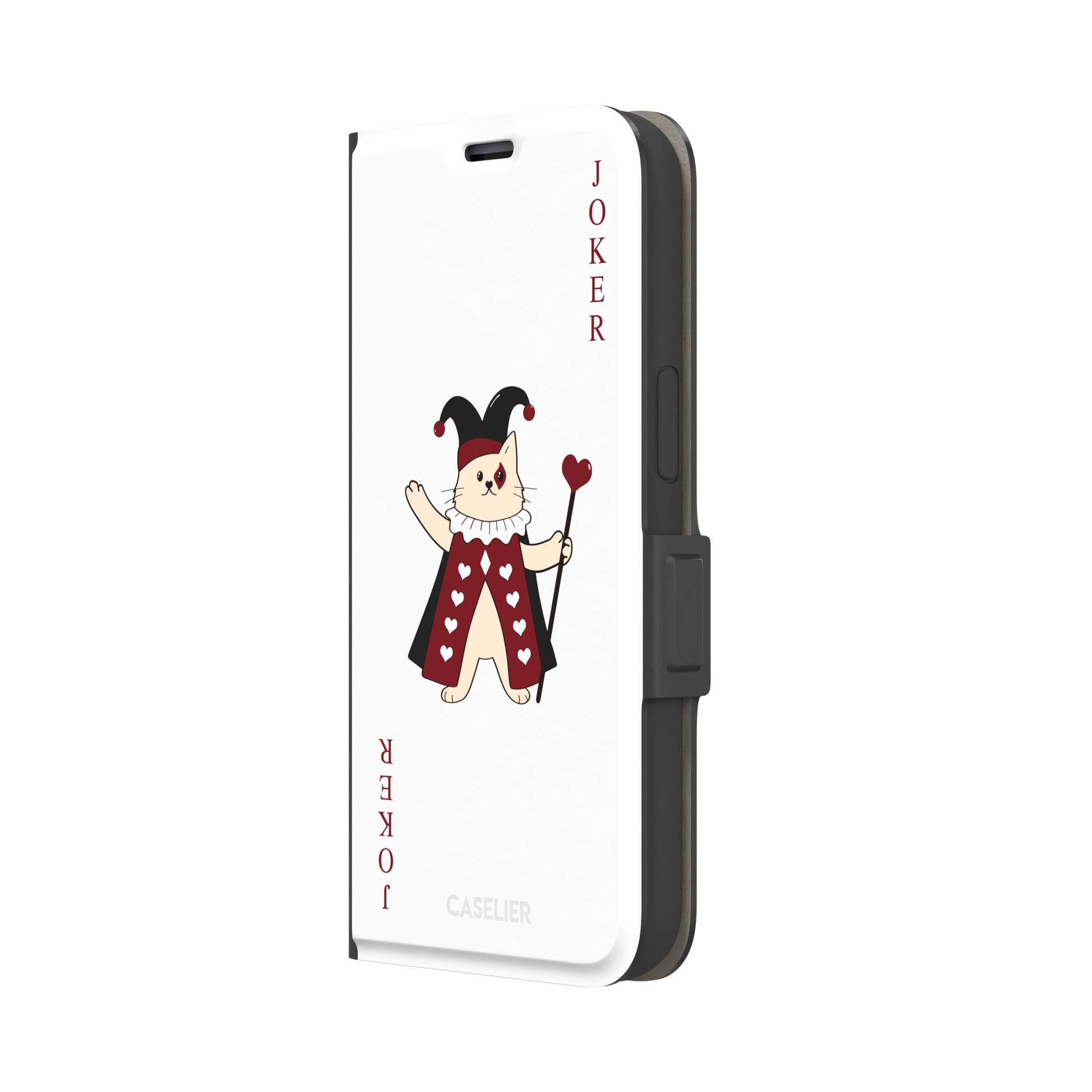 Lord of Jokers phone case in white featuring the same illustrated cat joker in a crimson heart-patterned robe and black jester hat, holding a heart staff, styled as a playing card with JOKER lettered vertically in dark red, white background color variant, phone case by Caselier — wallet case, right view