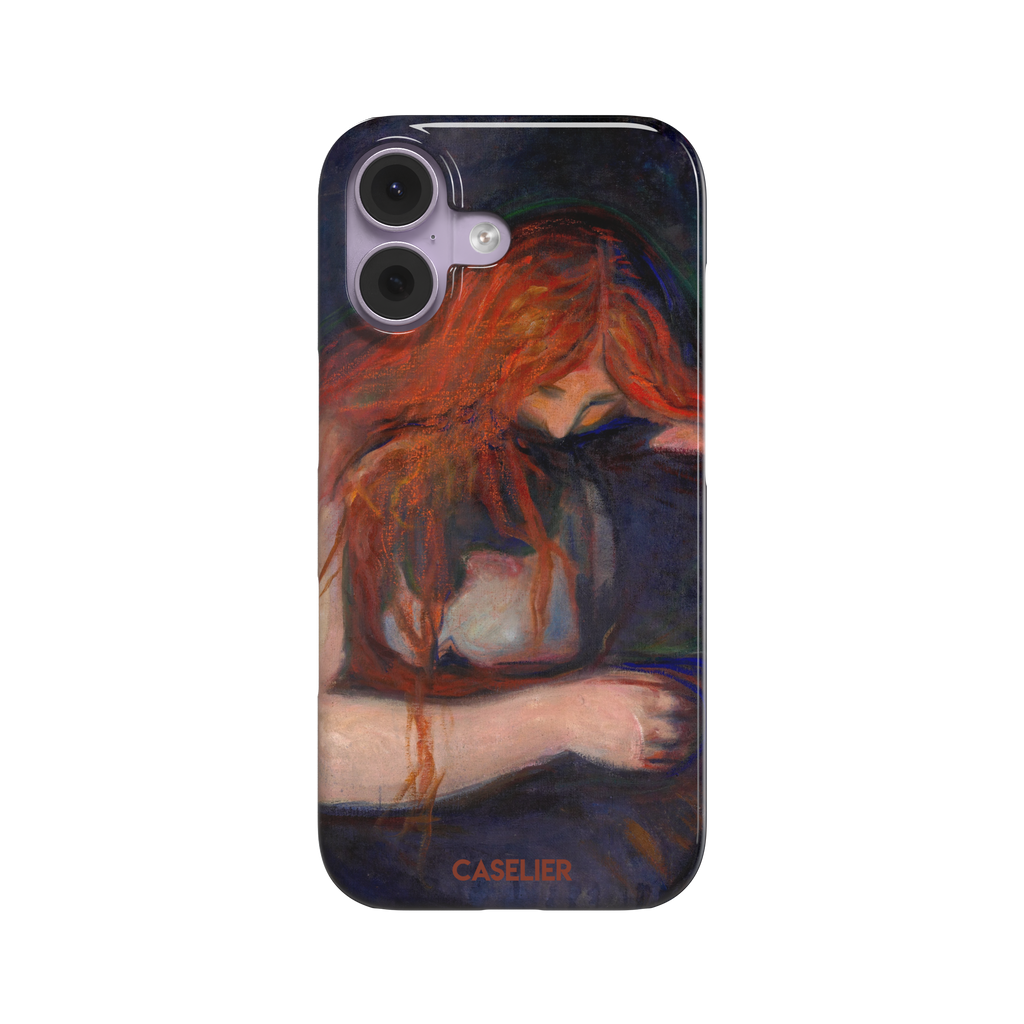 Love and Pain by Edvard Munch phone case featuring a figure with flowing red hair draped over a dark embrace against a deep navy background, phone case by Caselier — snap case, front view