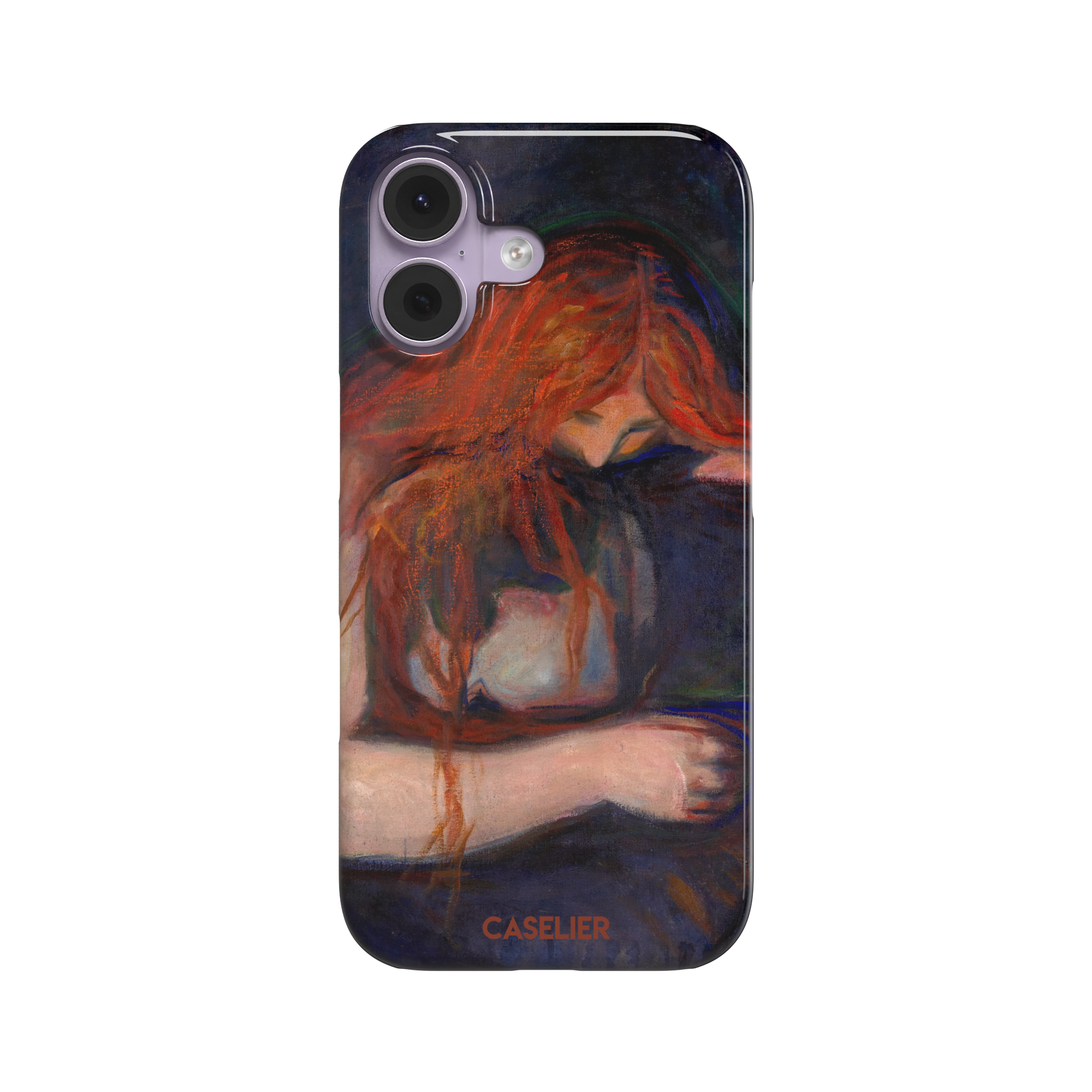 Love and Pain by Edvard Munch phone case featuring a figure with flowing red hair draped over a dark embrace against a deep navy background, phone case by Caselier — snap case, front view