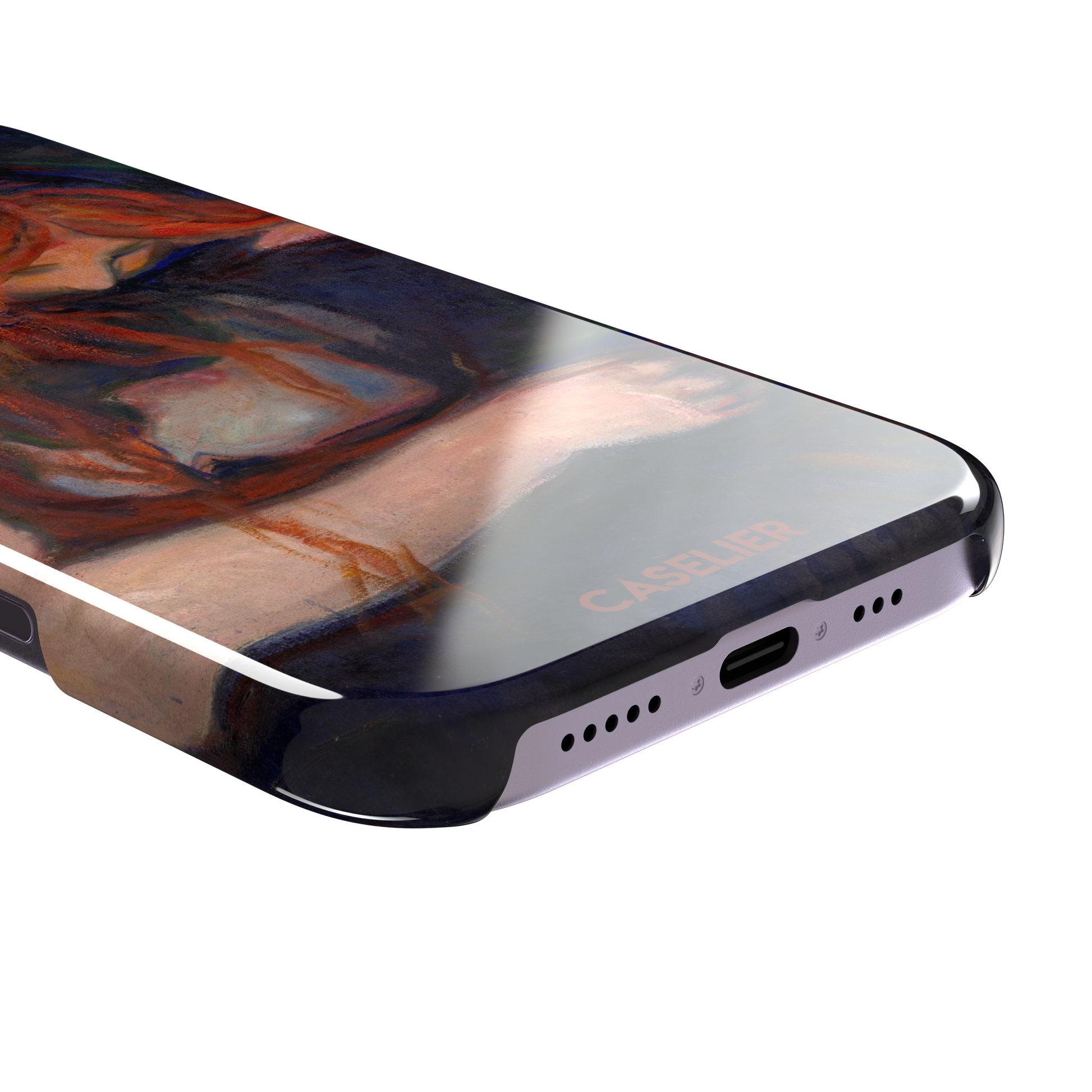 Love and Pain by Edvard Munch phone case featuring a figure with flowing red hair draped over a dark embrace against a deep navy background, phone case by Caselier — snap case, charging port detail