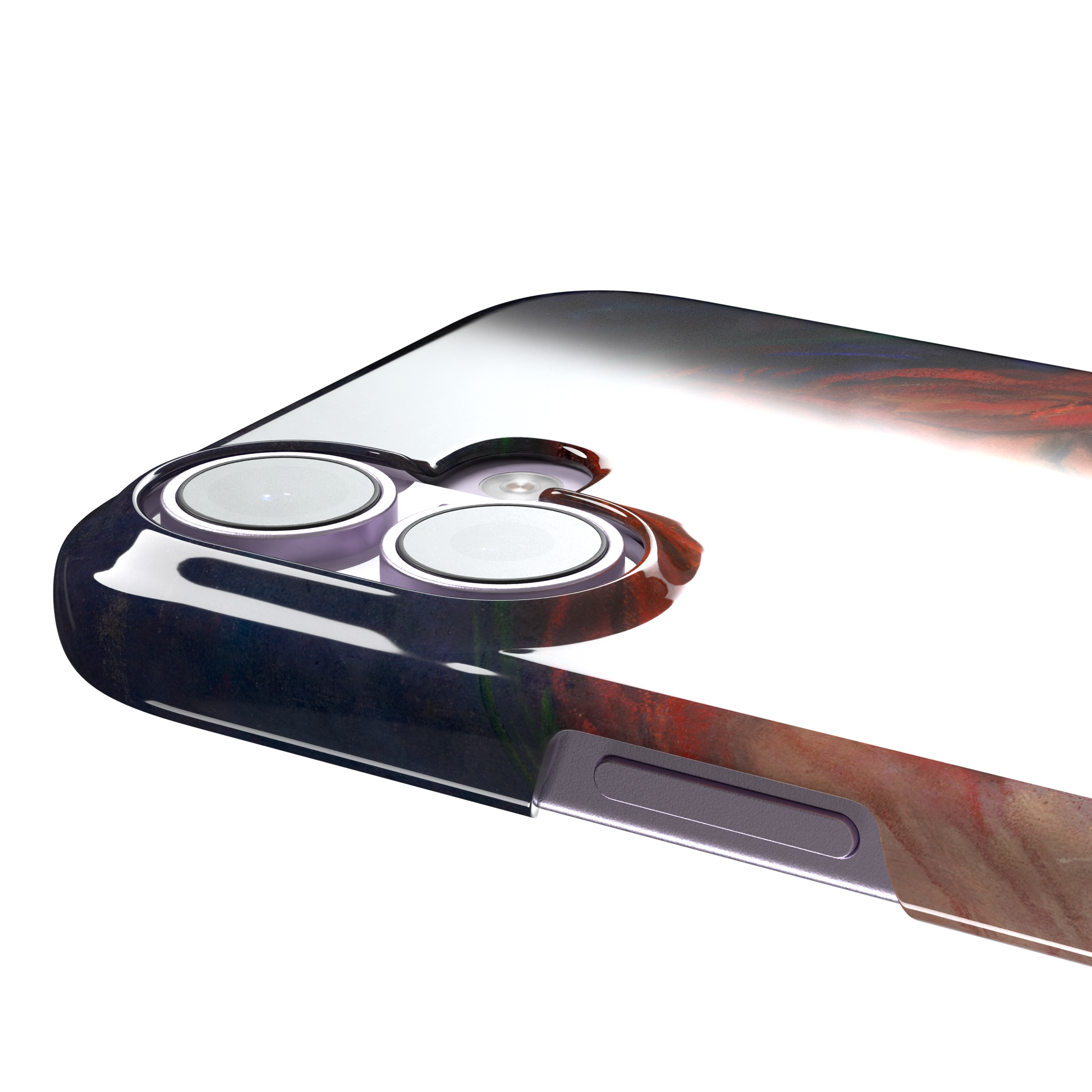 Love and Pain by Edvard Munch phone case featuring a figure with flowing red hair draped over a dark embrace against a deep navy background, phone case by Caselier — snap case, volume buttons detail
