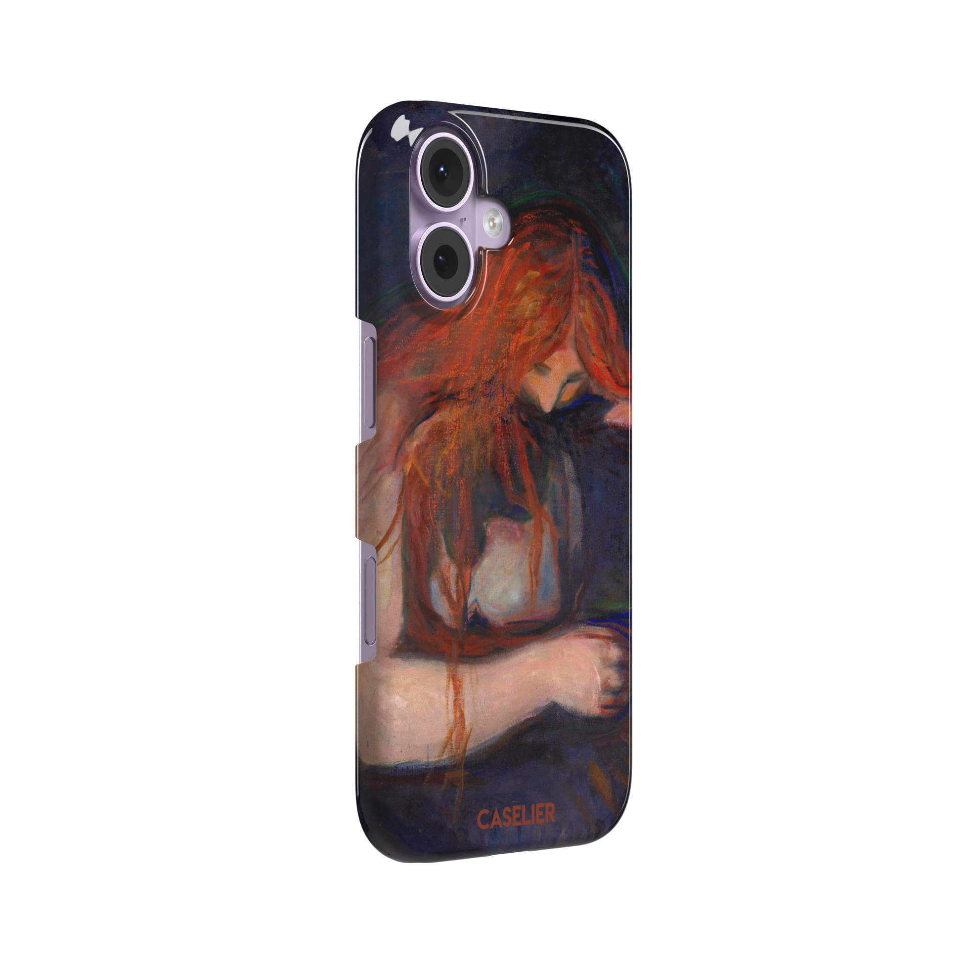 Love and Pain by Edvard Munch phone case featuring a figure with flowing red hair draped over a dark embrace against a deep navy background, phone case by Caselier — snap case, left view