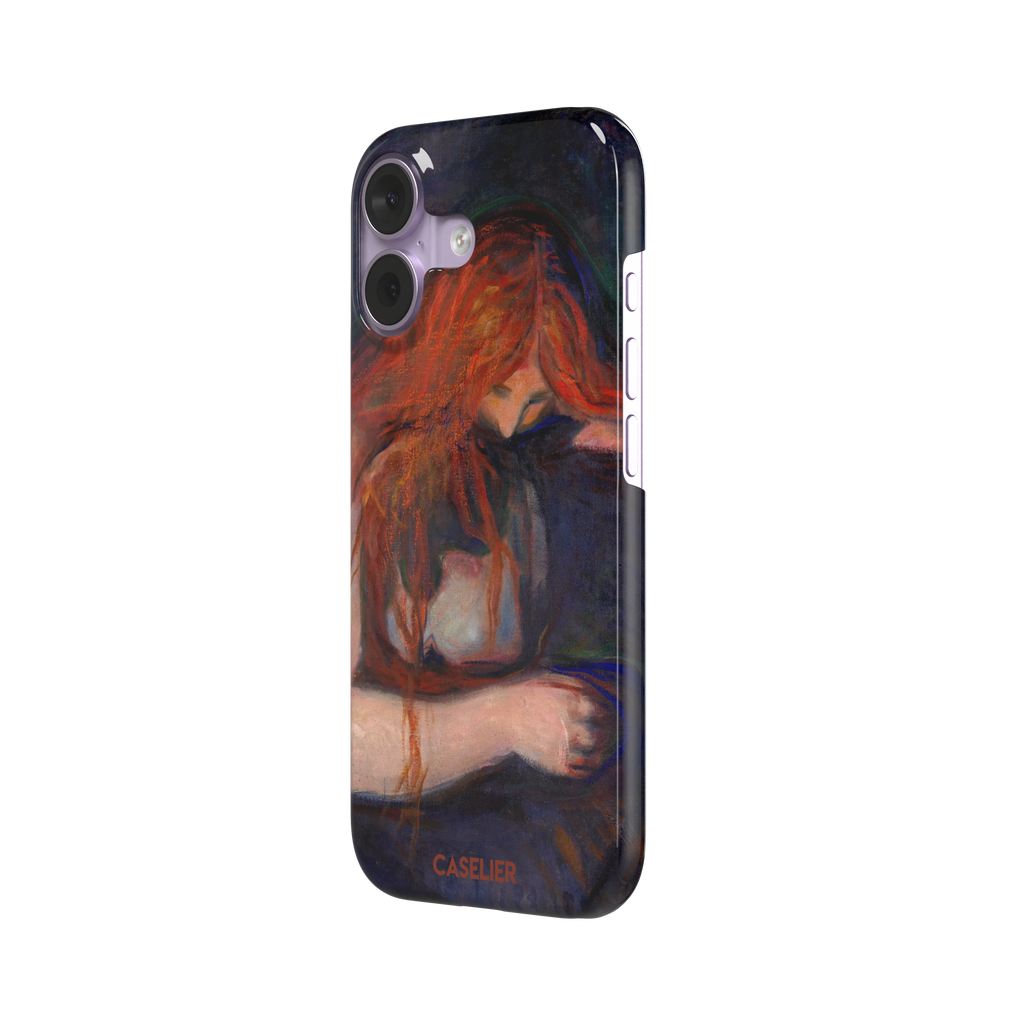 Love and Pain by Edvard Munch phone case featuring a figure with flowing red hair draped over a dark embrace against a deep navy background, phone case by Caselier — snap case, right view