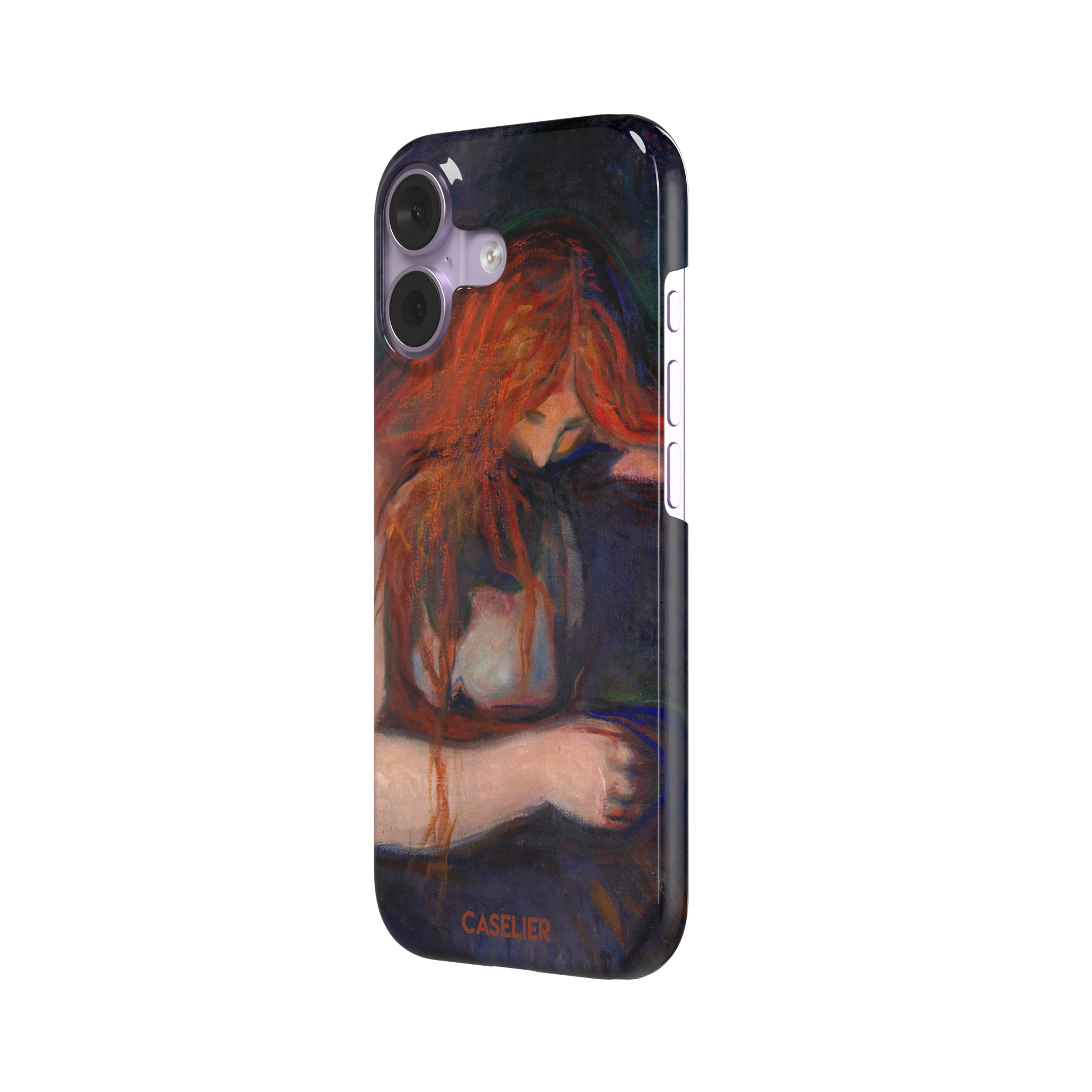 Love and Pain by Edvard Munch phone case featuring a figure with flowing red hair draped over a dark embrace against a deep navy background, phone case by Caselier — snap case, right view