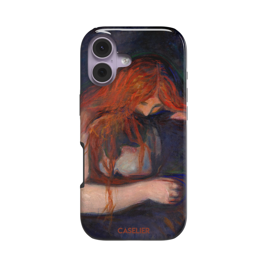 Love and Pain by Edvard Munch phone case featuring a figure with flowing red hair draped over a dark embrace against a deep navy background, phone case by Caselier — tough case, front view