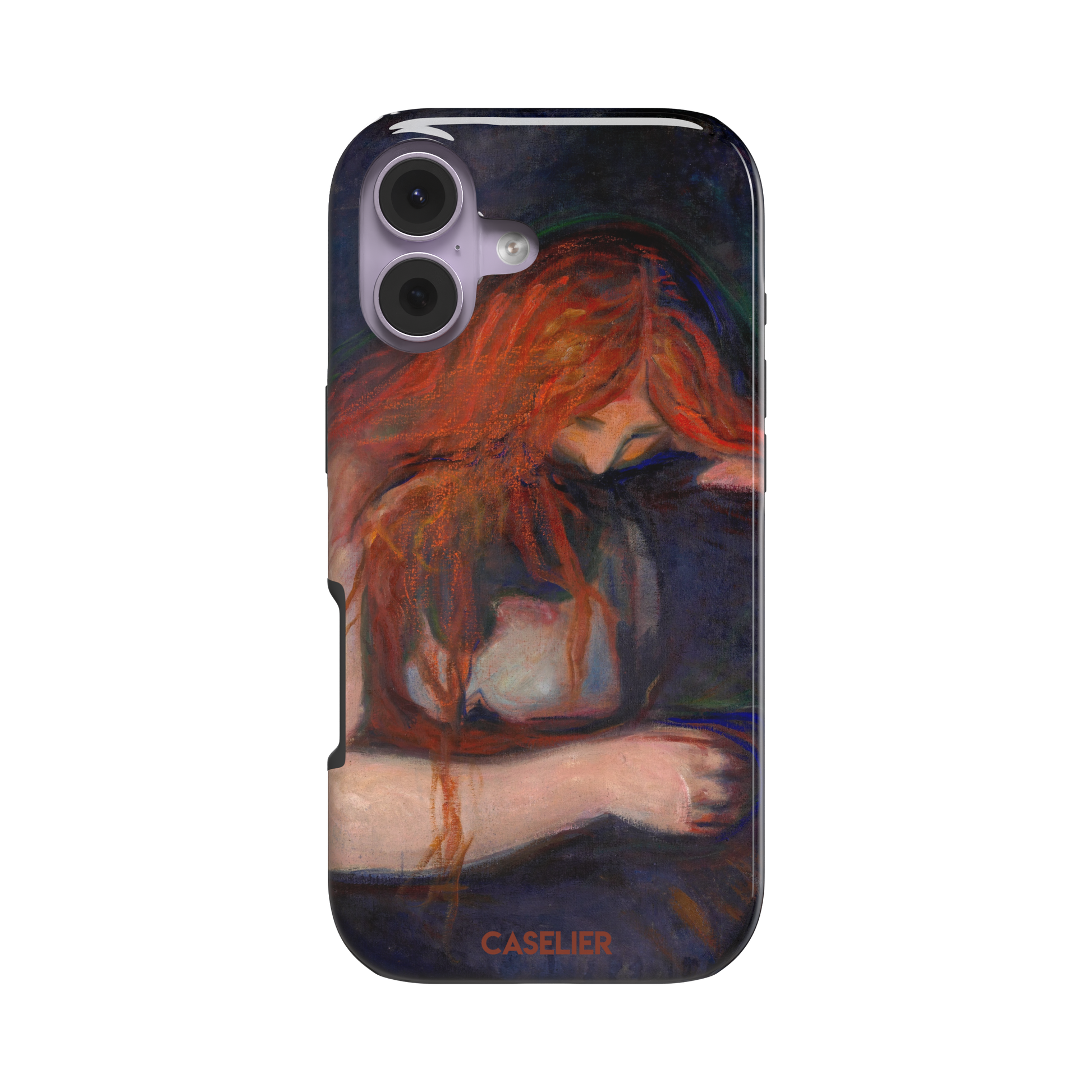 Love and Pain by Edvard Munch phone case featuring a figure with flowing red hair draped over a dark embrace against a deep navy background, phone case by Caselier — tough case, front view