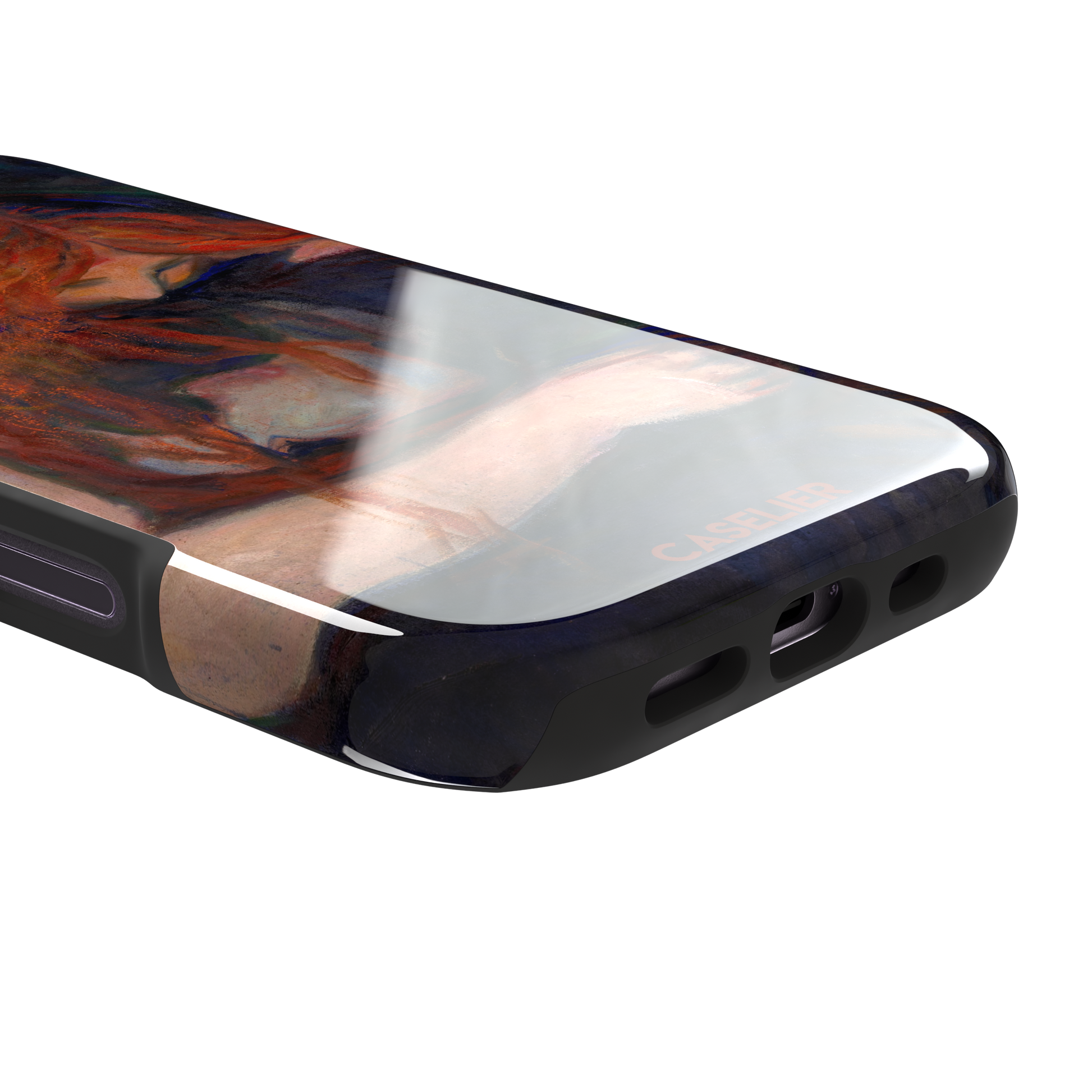 Love and Pain by Edvard Munch phone case featuring a figure with flowing red hair draped over a dark embrace against a deep navy background, phone case by Caselier — tough case, charging port detail