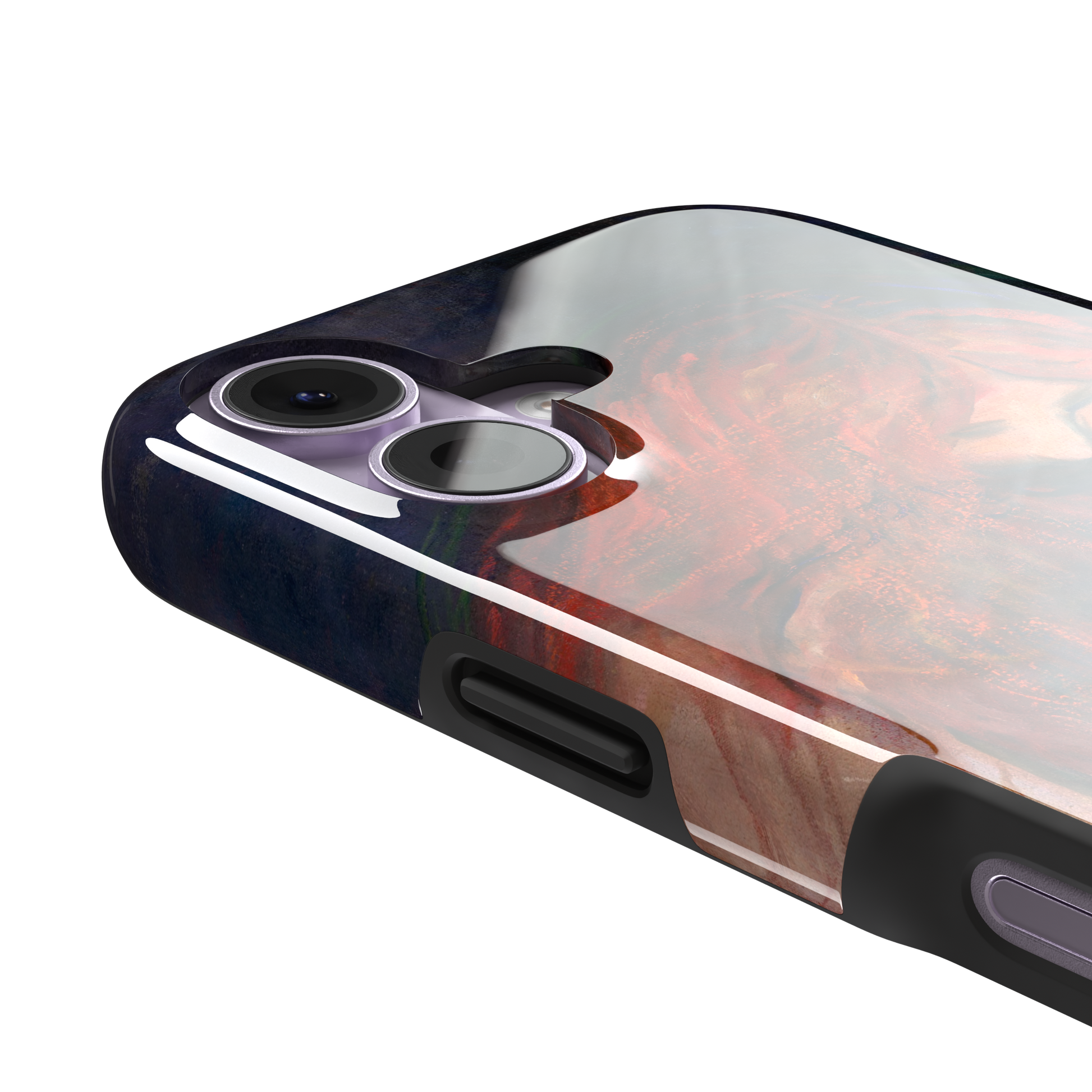 Love and Pain by Edvard Munch phone case featuring a figure with flowing red hair draped over a dark embrace against a deep navy background, phone case by Caselier — tough case, volume buttons detail