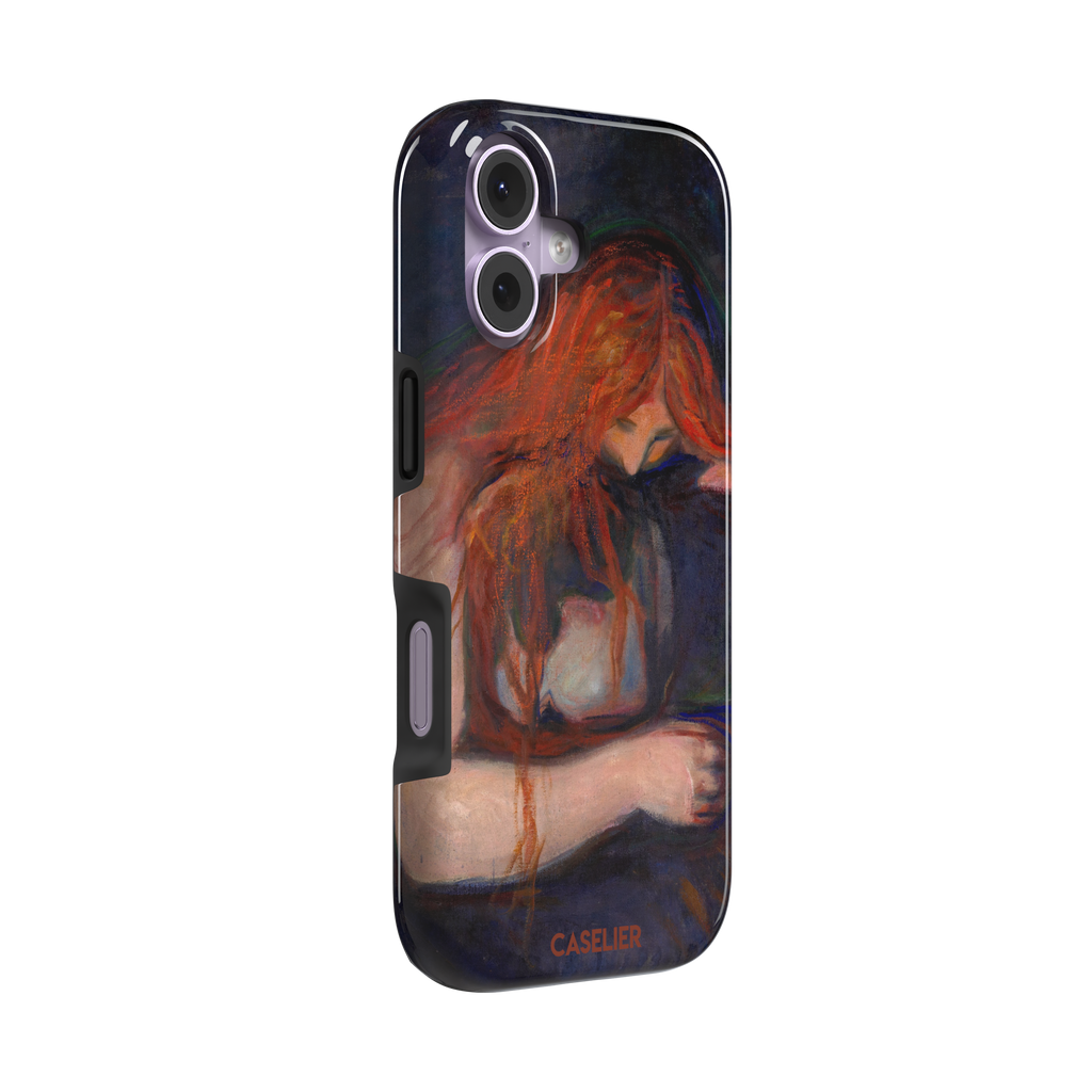 Love and Pain by Edvard Munch phone case featuring a figure with flowing red hair draped over a dark embrace against a deep navy background, phone case by Caselier — tough case, left view