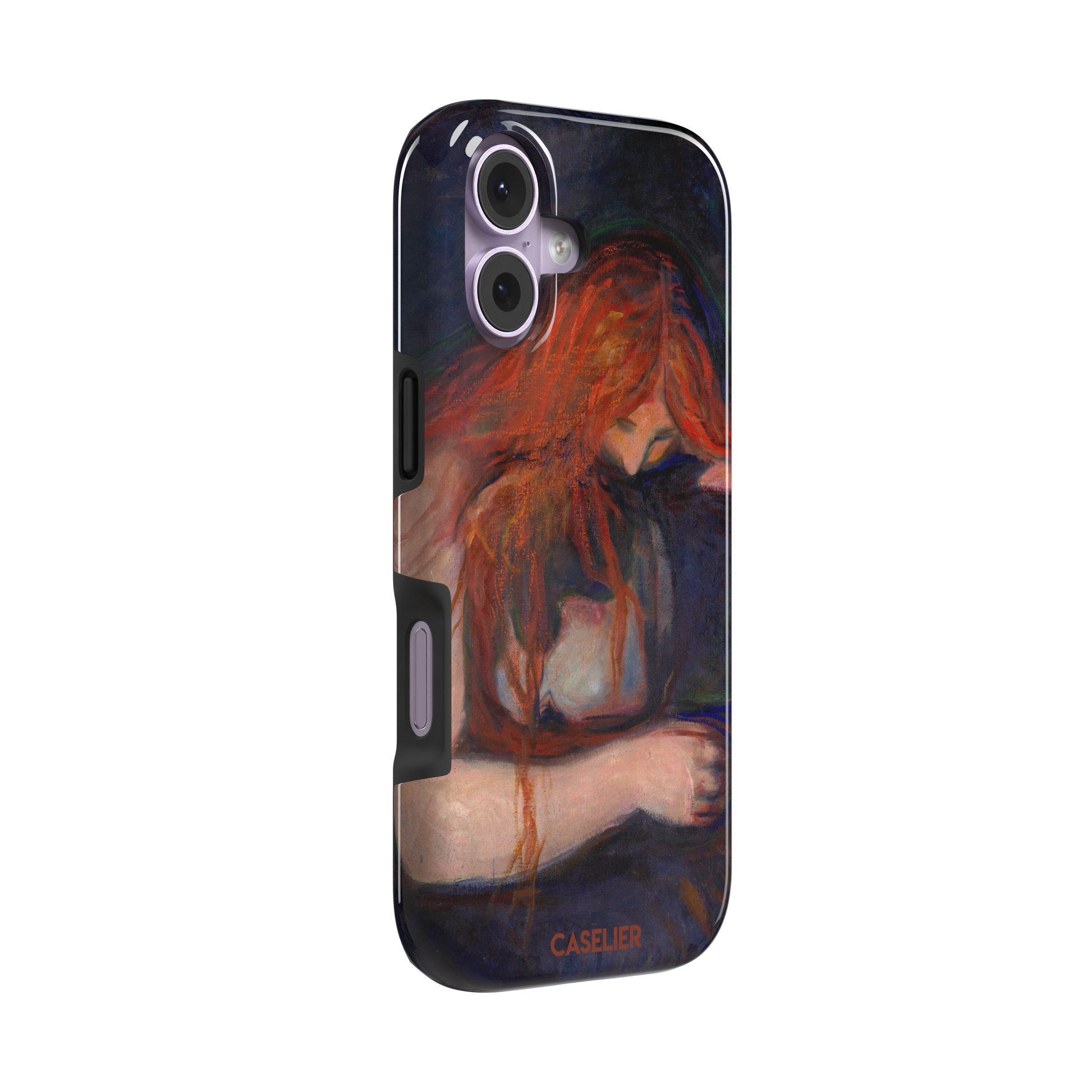 Love and Pain by Edvard Munch phone case featuring a figure with flowing red hair draped over a dark embrace against a deep navy background, phone case by Caselier — tough case, left view