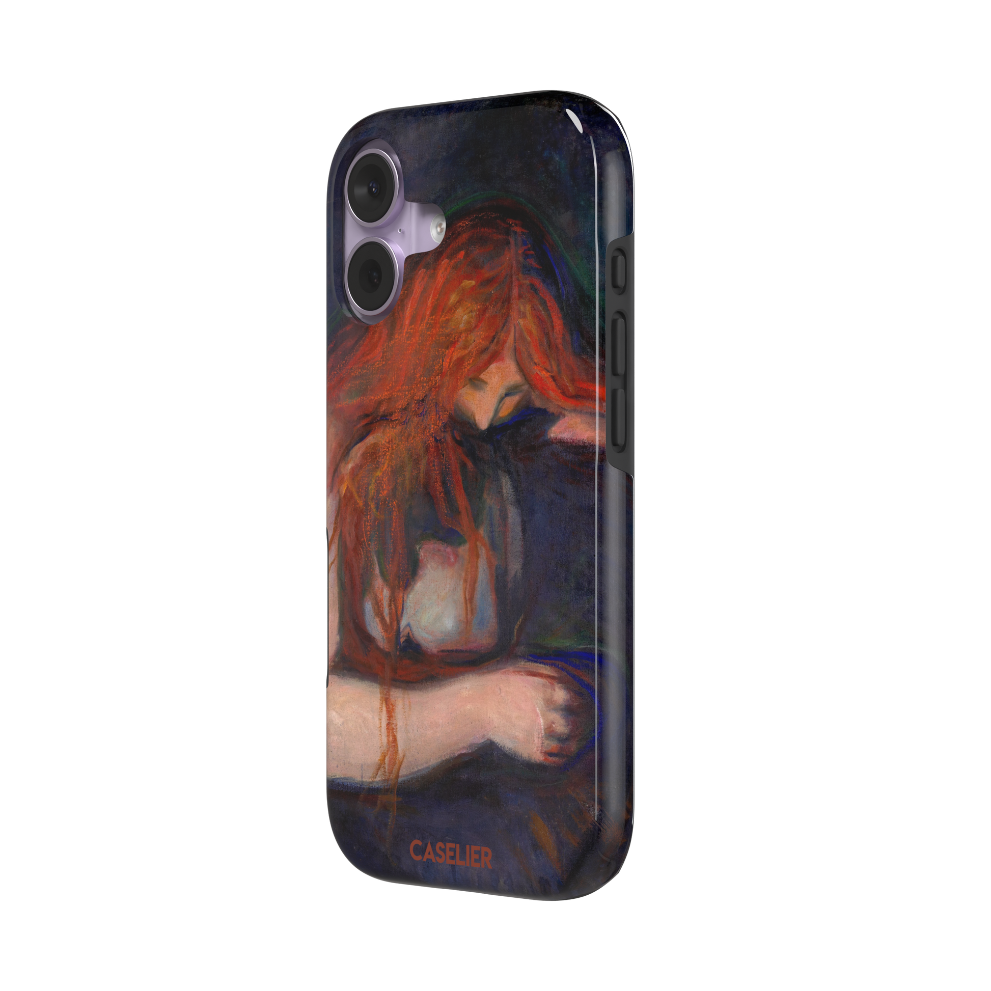Love and Pain by Edvard Munch phone case featuring a figure with flowing red hair draped over a dark embrace against a deep navy background, phone case by Caselier — tough case, right view