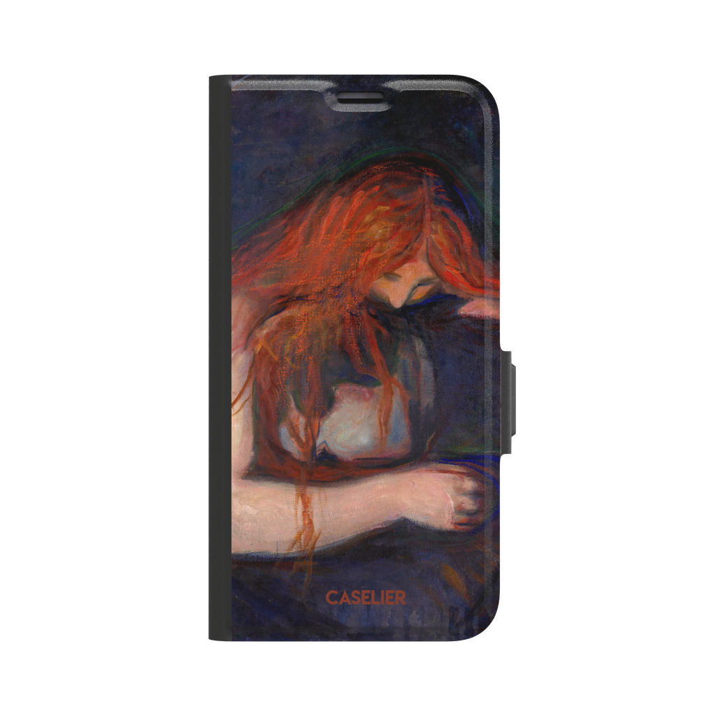 Love and Pain by Edvard Munch phone case featuring a figure with flowing red hair draped over a dark embrace against a deep navy background, phone case by Caselier — wallet case, front view