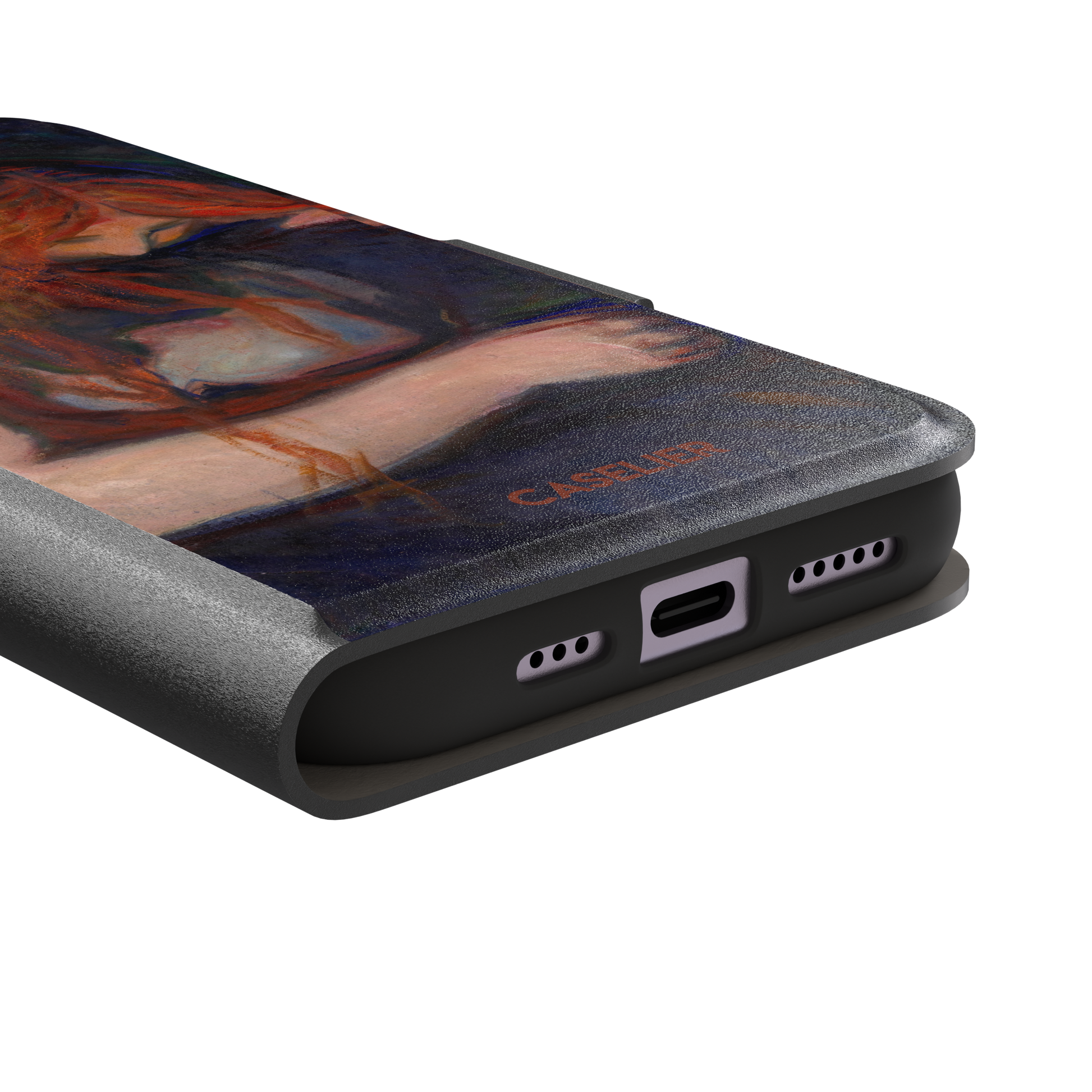 Love and Pain by Edvard Munch phone case featuring a figure with flowing red hair draped over a dark embrace against a deep navy background, phone case by Caselier — wallet case, charging port detail