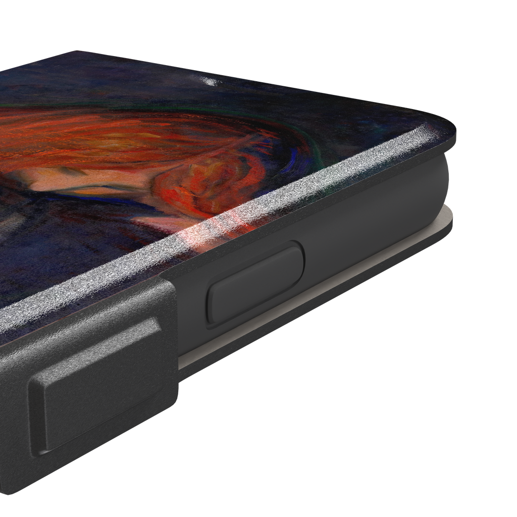 Love and Pain by Edvard Munch phone case featuring a figure with flowing red hair draped over a dark embrace against a deep navy background, phone case by Caselier — wallet case, volume buttons detail