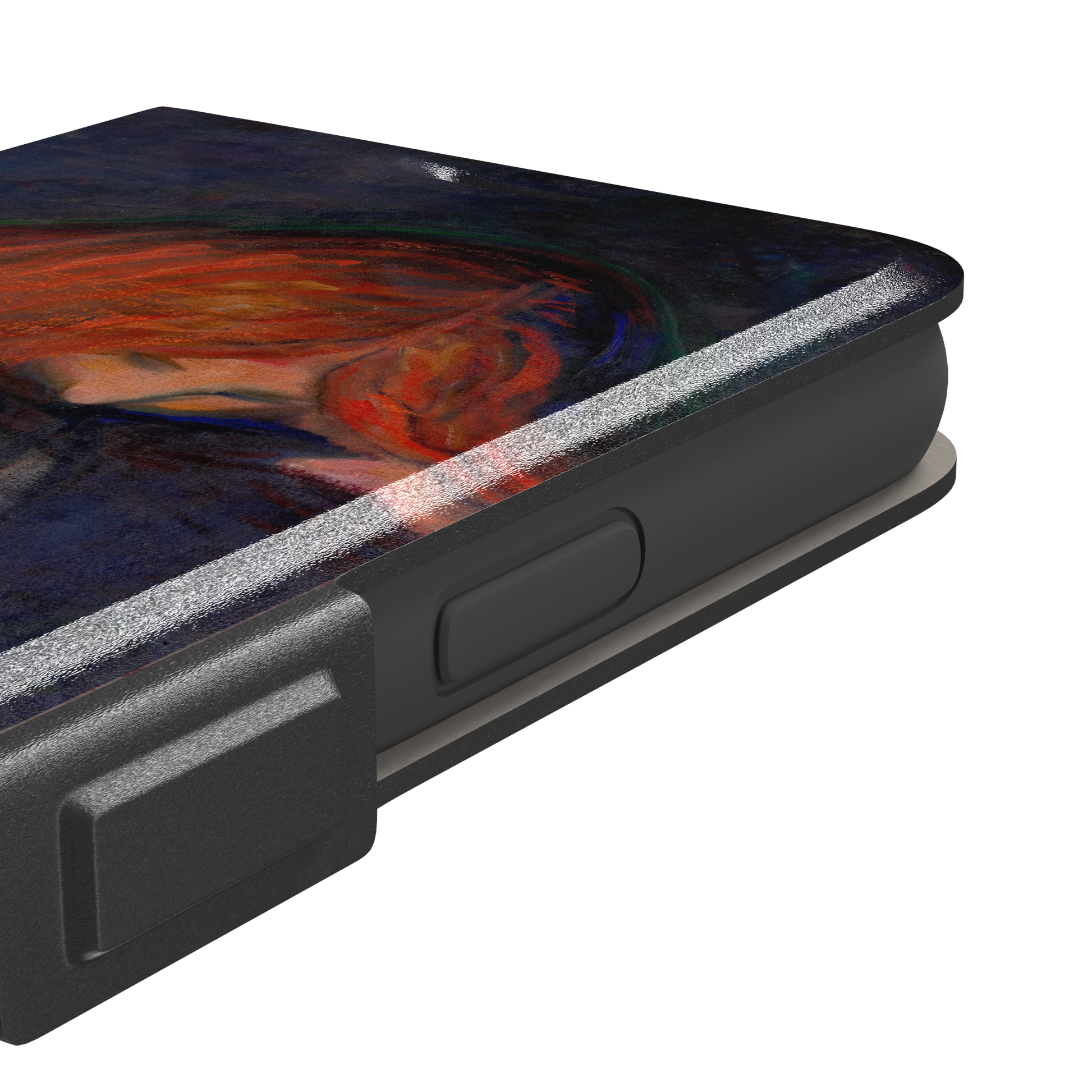 Love and Pain by Edvard Munch phone case featuring a figure with flowing red hair draped over a dark embrace against a deep navy background, phone case by Caselier — wallet case, volume buttons detail