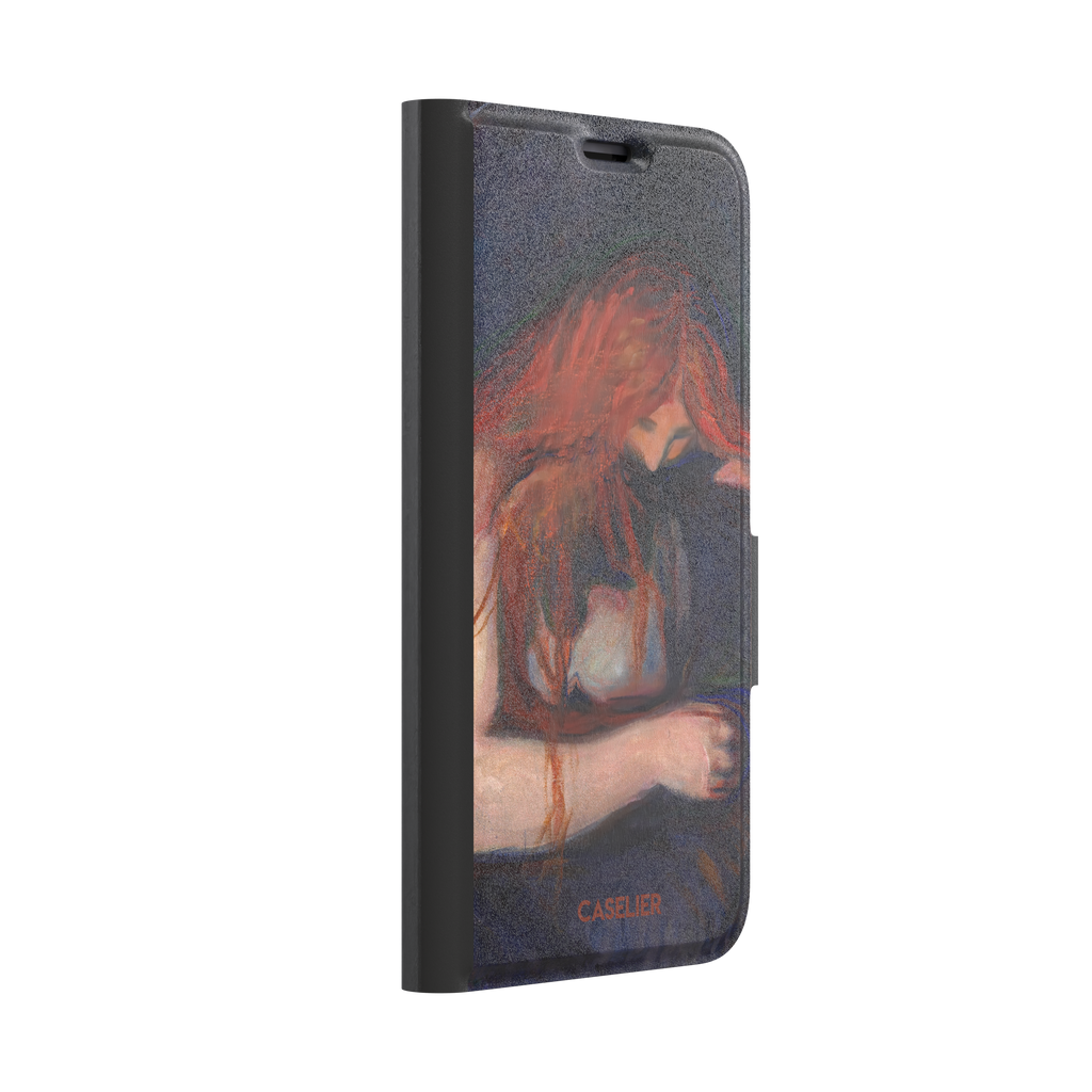 Love and Pain by Edvard Munch phone case featuring a figure with flowing red hair draped over a dark embrace against a deep navy background, phone case by Caselier — wallet case, left view