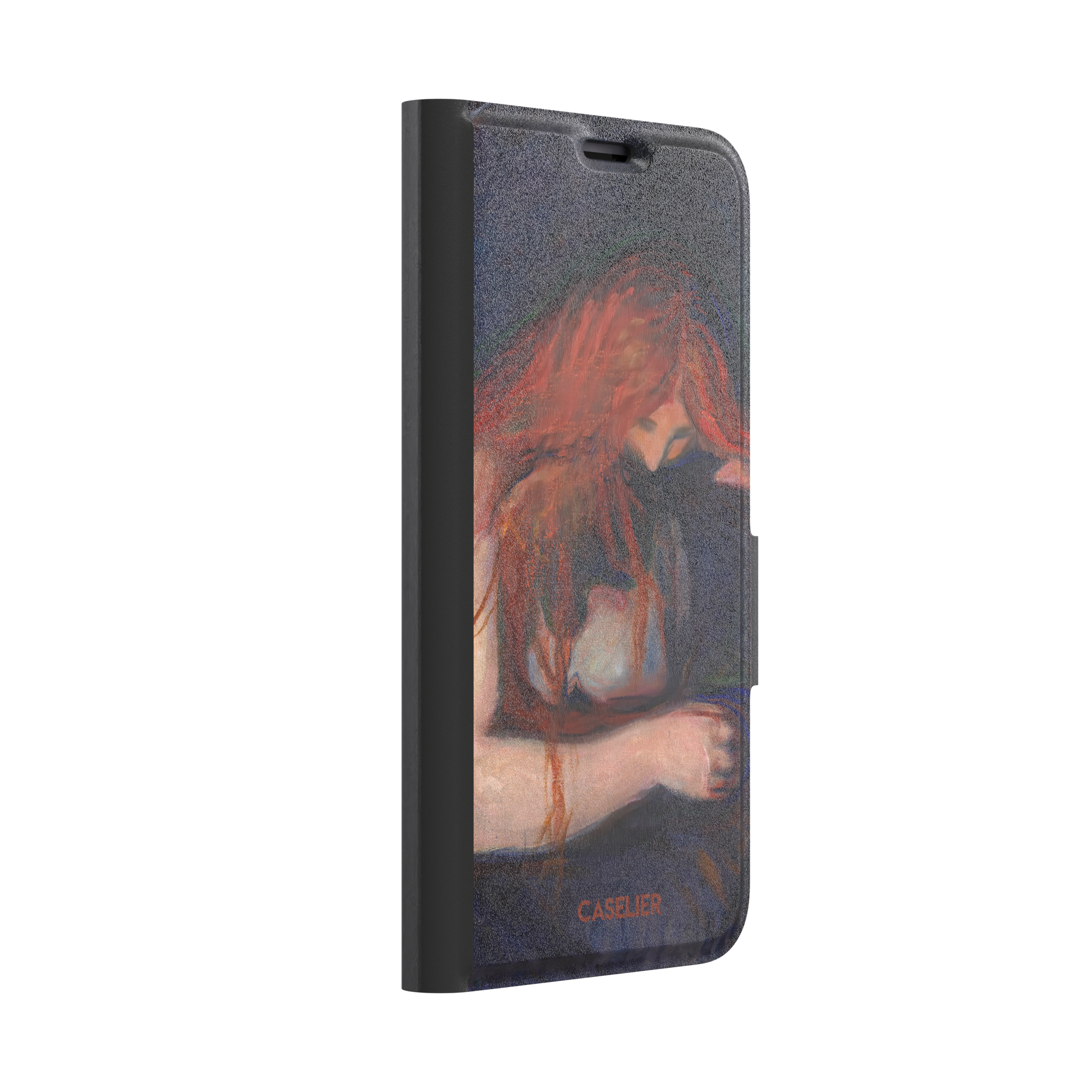Love and Pain by Edvard Munch phone case featuring a figure with flowing red hair draped over a dark embrace against a deep navy background, phone case by Caselier — wallet case, left view