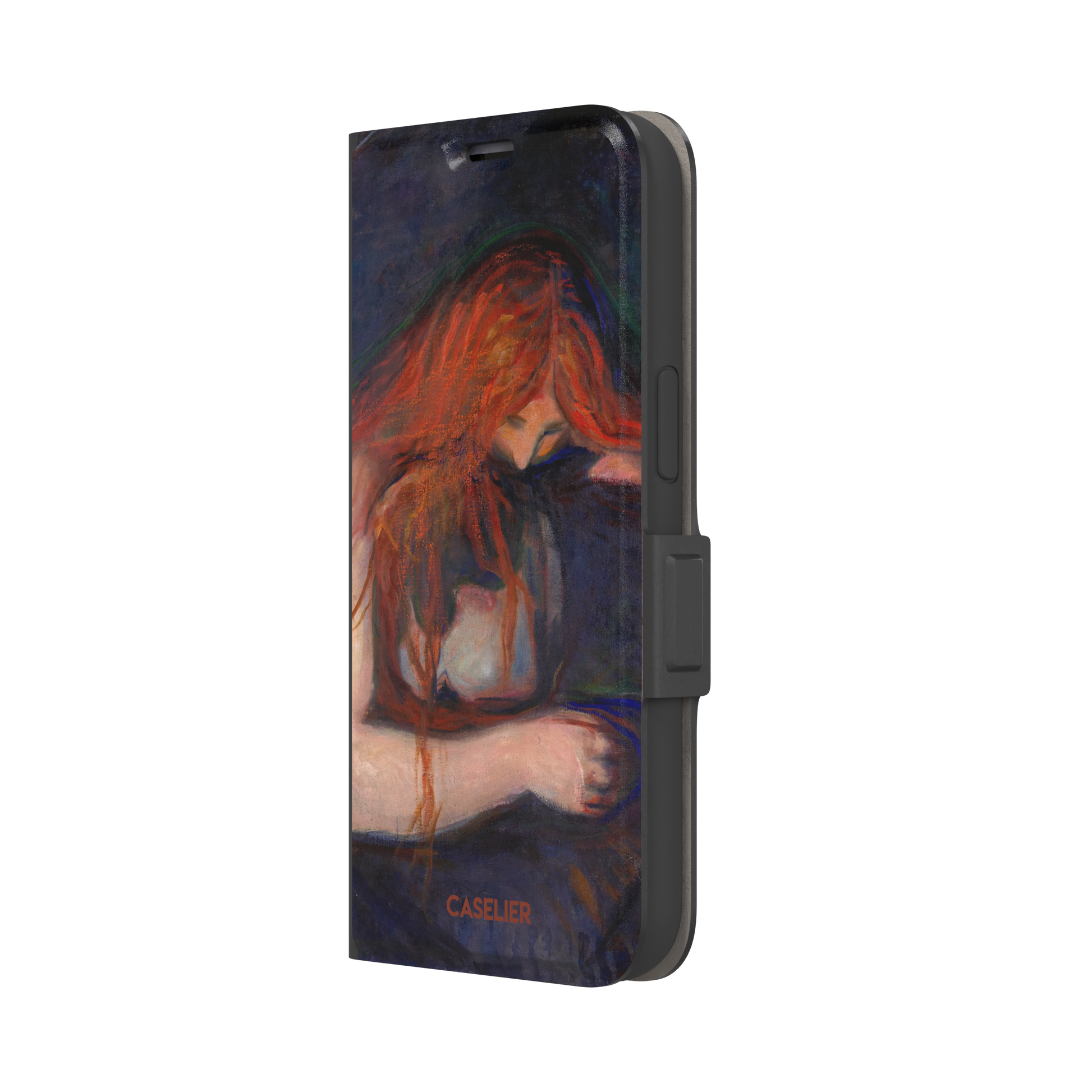 Love and Pain by Edvard Munch phone case featuring a figure with flowing red hair draped over a dark embrace against a deep navy background, phone case by Caselier — wallet case, right view