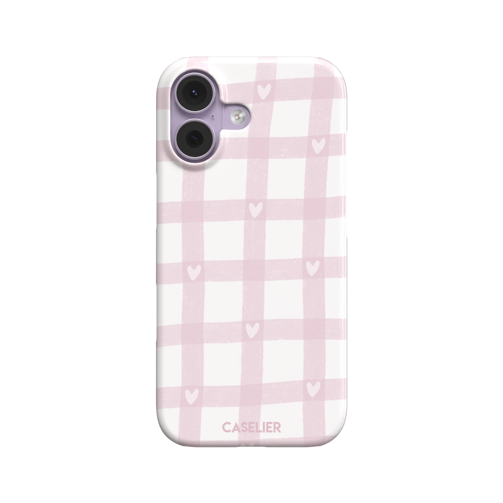 Lovely Grid phone case in soft pink gingham with scattered white hearts, phone case by Caselier — snap case, front view