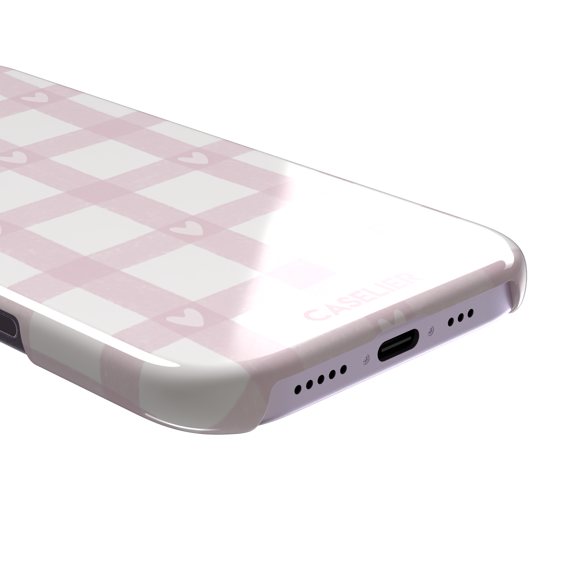 Lovely Grid phone case in soft pink gingham with scattered white hearts, phone case by Caselier — snap case, charging port detail