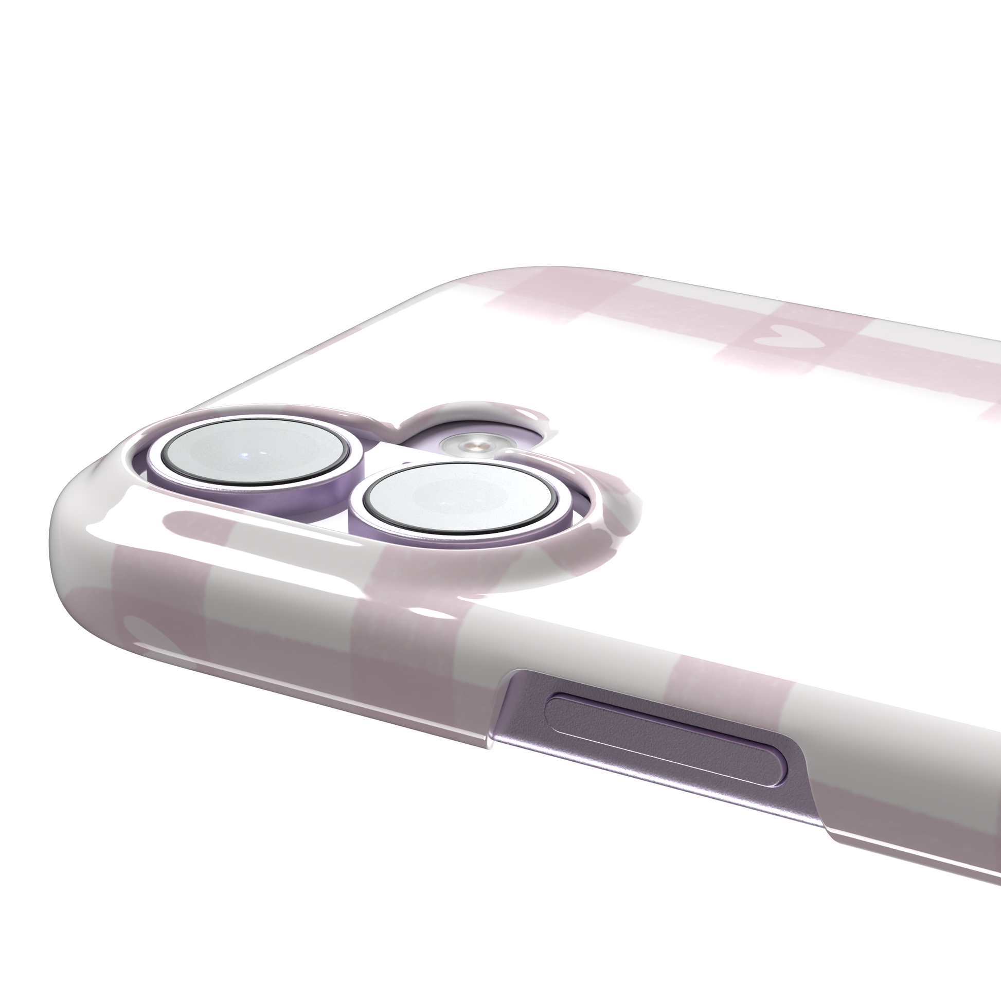 Lovely Grid phone case in soft pink gingham with scattered white hearts, phone case by Caselier — snap case, volume buttons detail