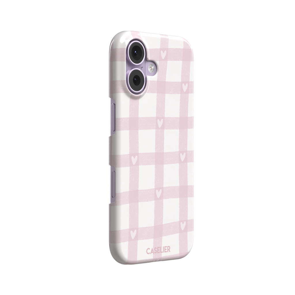 Lovely Grid phone case in soft pink gingham with scattered white hearts, phone case by Caselier — snap case, left view