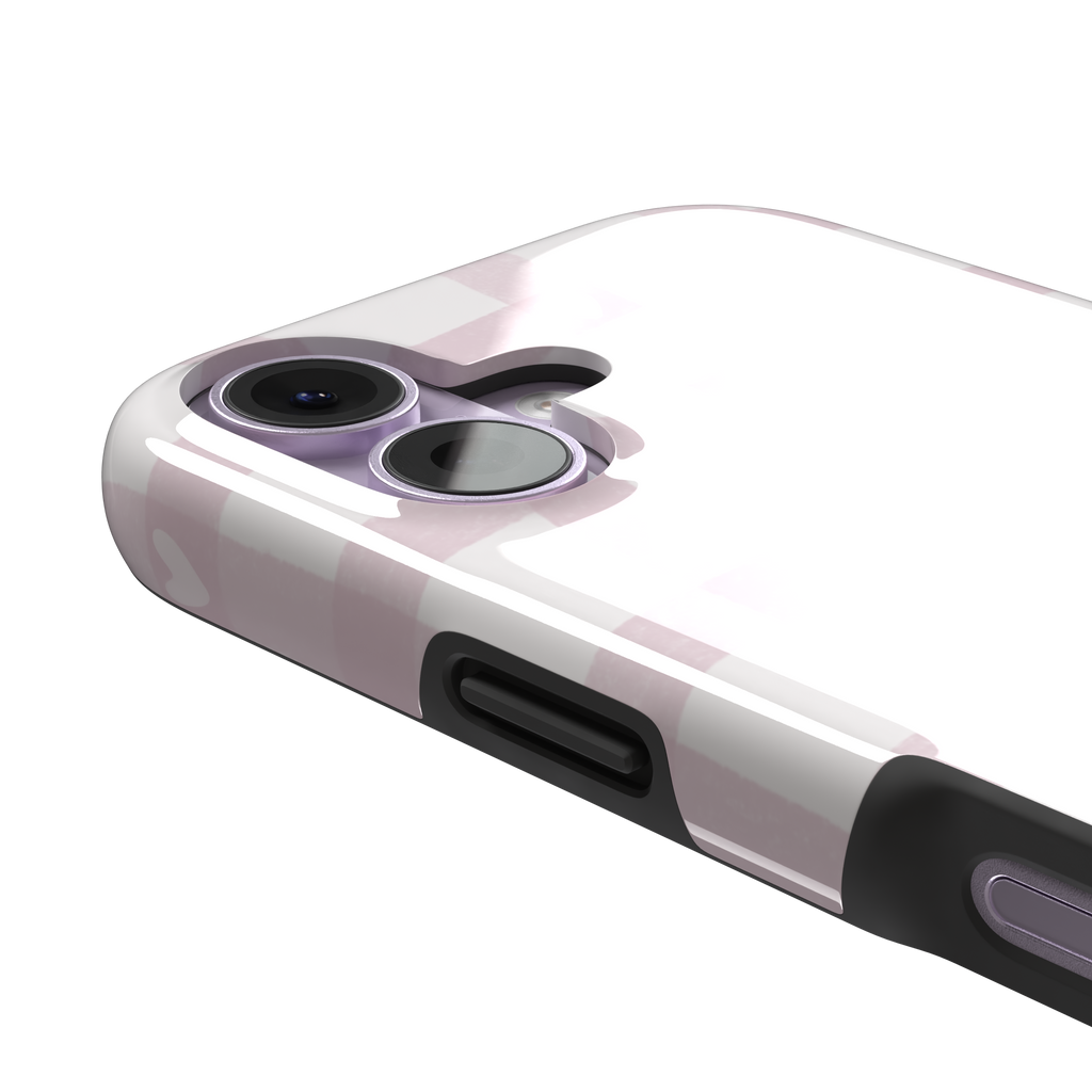 Lovely Grid phone case in soft pink gingham with scattered white hearts, phone case by Caselier — tough case, volume buttons detail