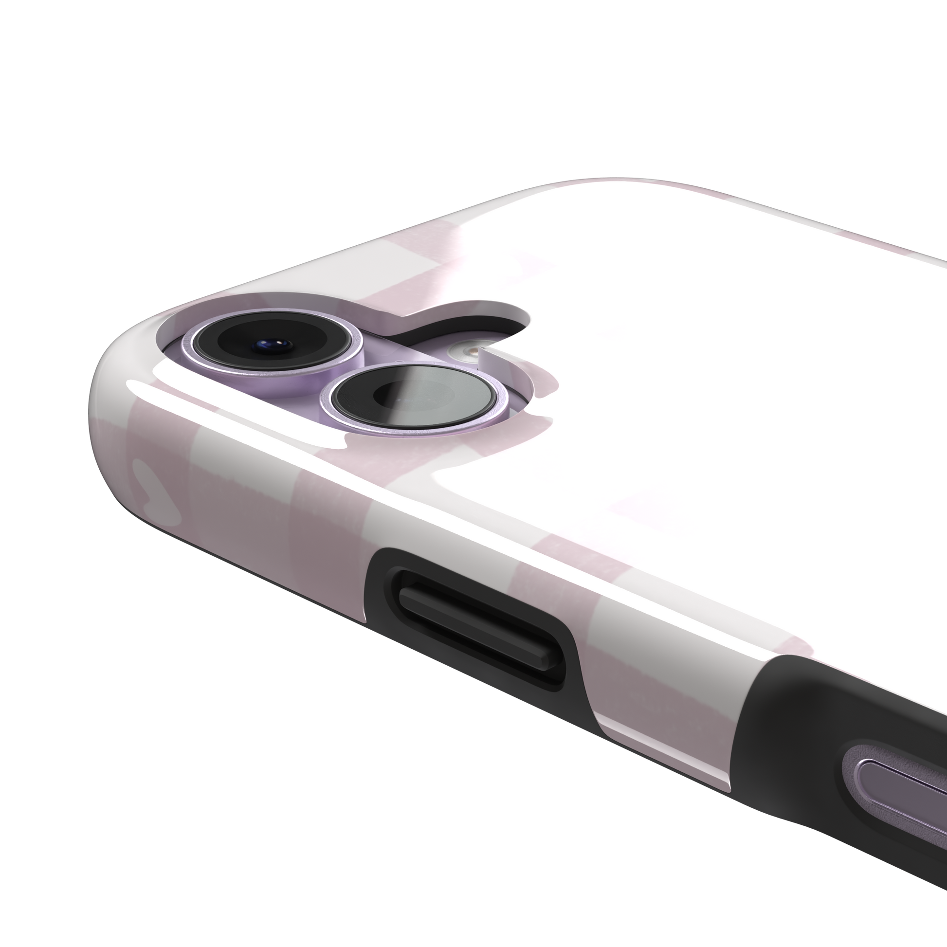 Lovely Grid phone case in soft pink gingham with scattered white hearts, phone case by Caselier — tough case, volume buttons detail