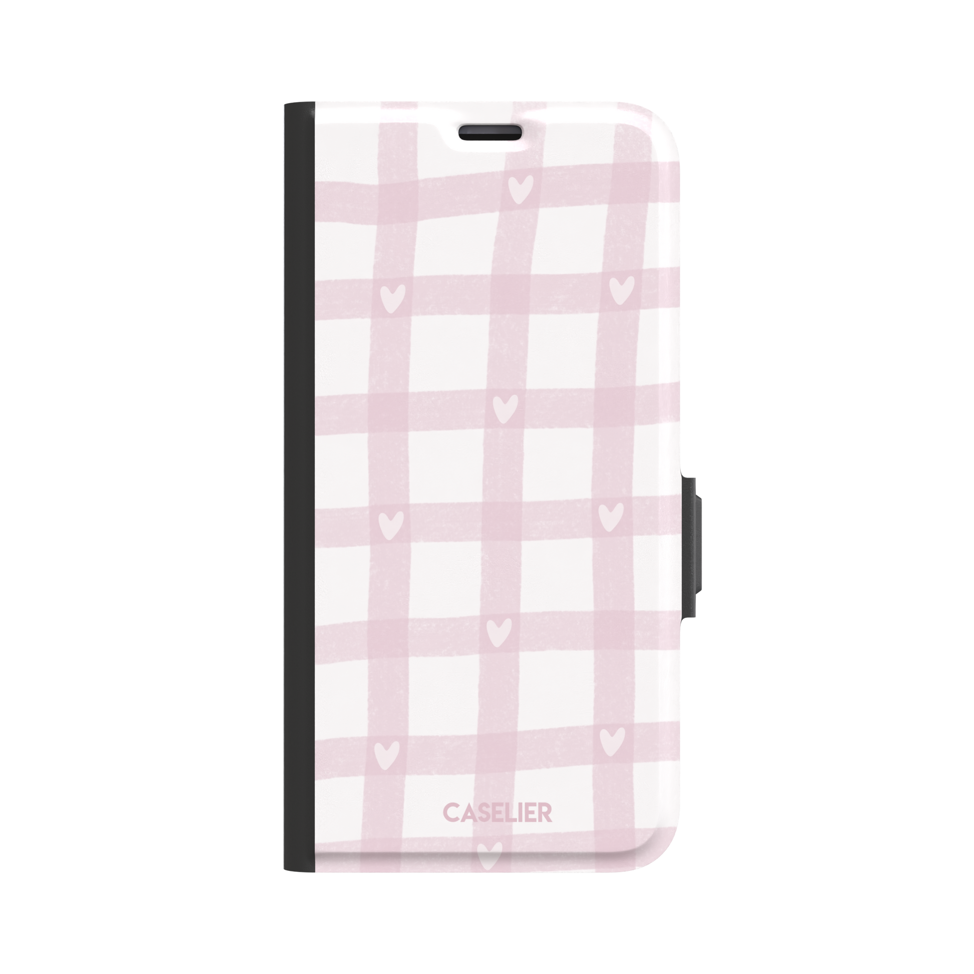 Lovely Grid phone case in soft pink gingham with scattered white hearts, phone case by Caselier — wallet case, front view
