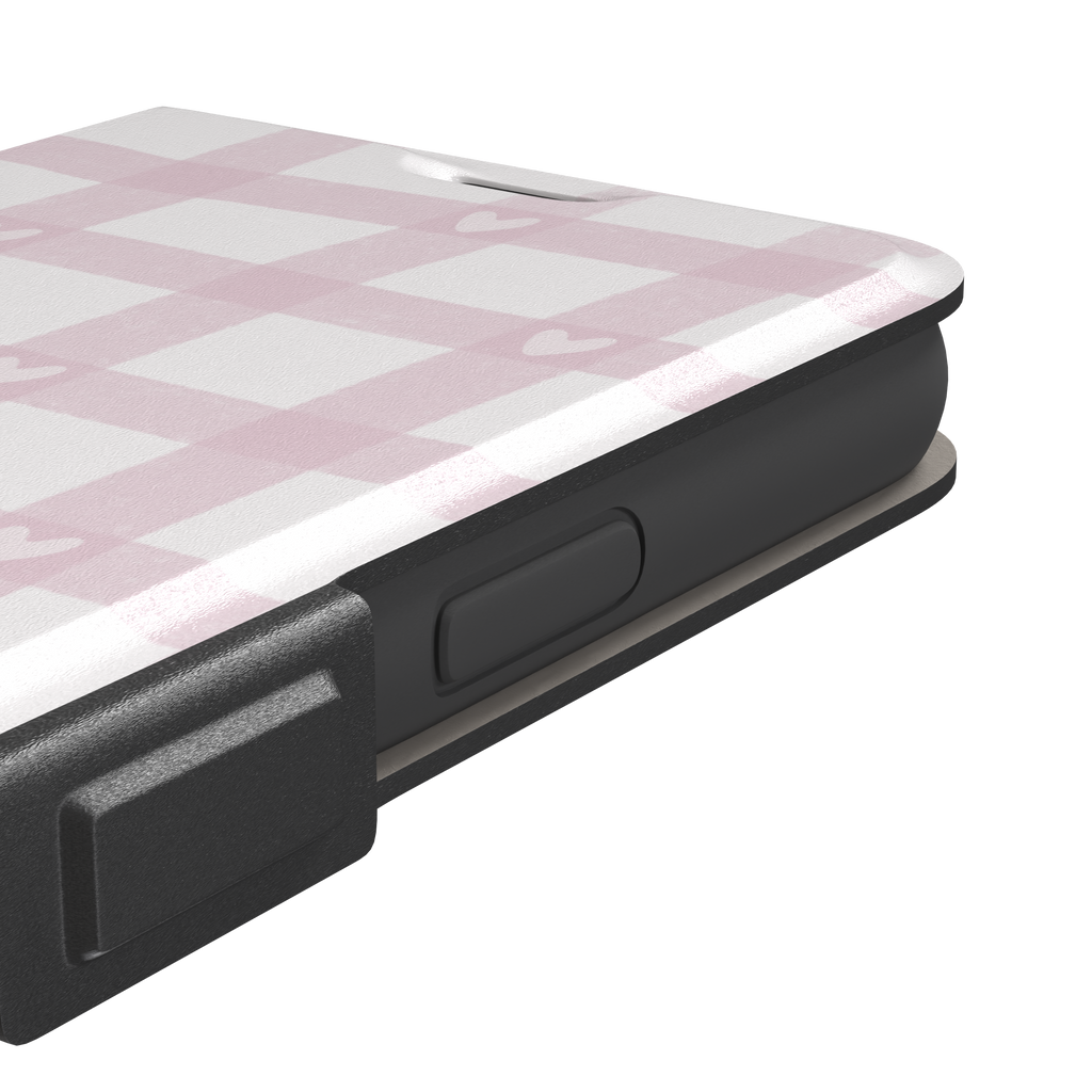 Lovely Grid phone case in soft pink gingham with scattered white hearts, phone case by Caselier — wallet case, volume buttons detail