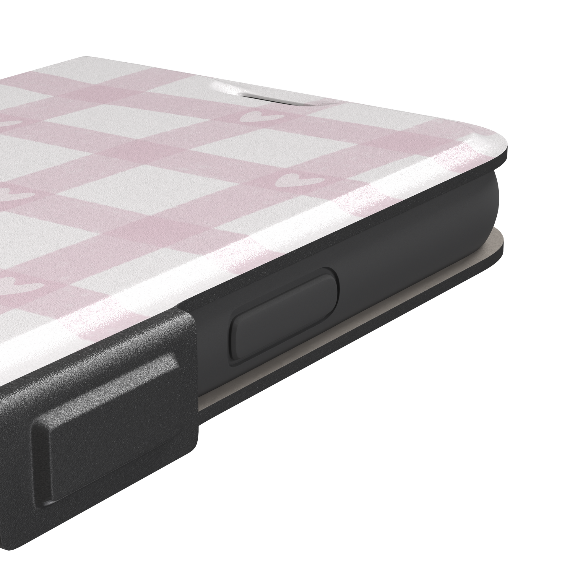 Lovely Grid phone case in soft pink gingham with scattered white hearts, phone case by Caselier — wallet case, volume buttons detail