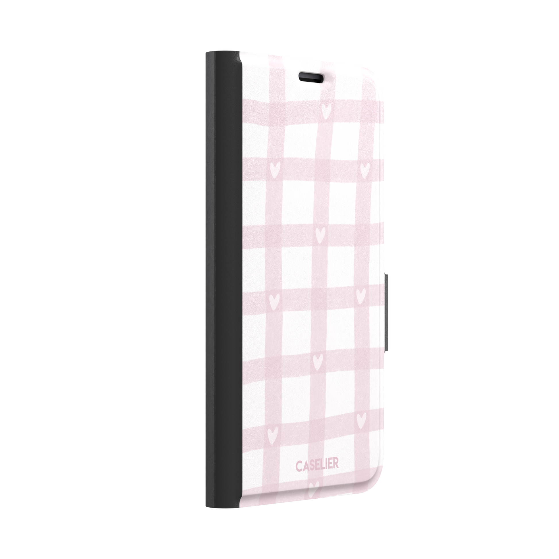 Lovely Grid phone case in soft pink gingham with scattered white hearts, phone case by Caselier — wallet case, left view