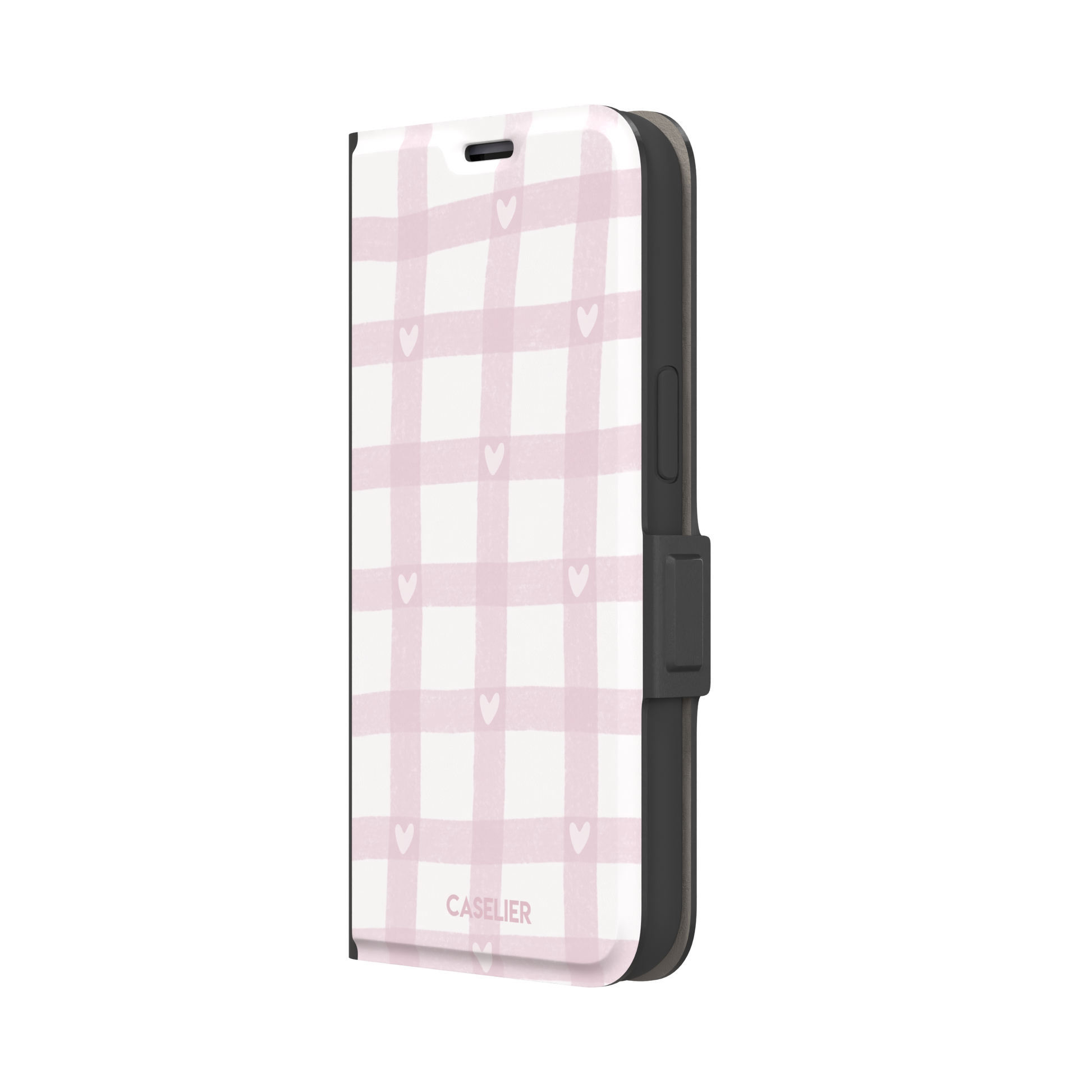 Lovely Grid phone case in soft pink gingham with scattered white hearts, phone case by Caselier — wallet case, right view