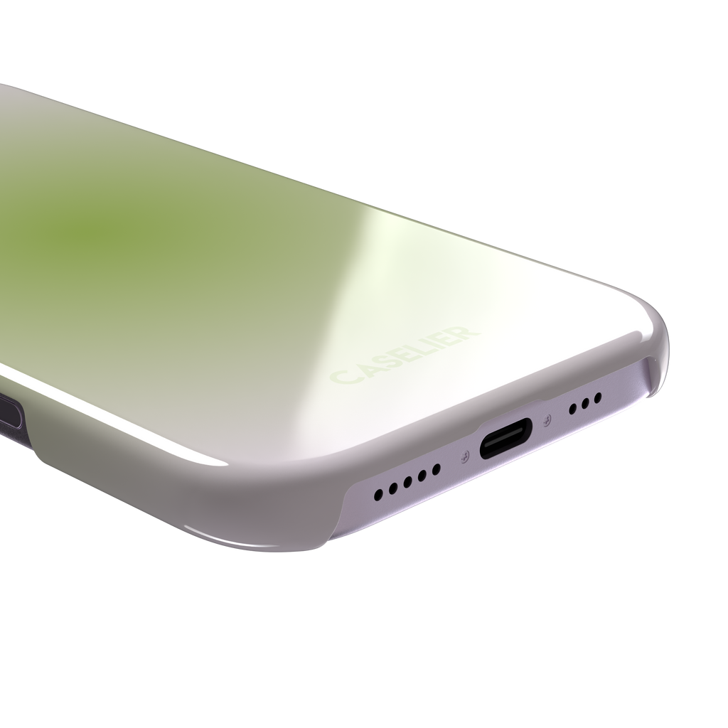 Matcha, soft green gradient glow fading into pale cream, dreamy aura effect, snap case, charging port detail, phone case by Caselier