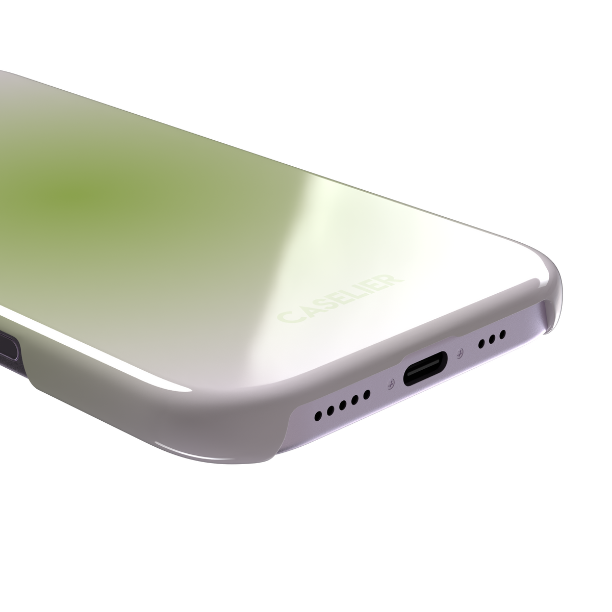 Matcha, soft green gradient glow fading into pale cream, dreamy aura effect, snap case, charging port detail, phone case by Caselier