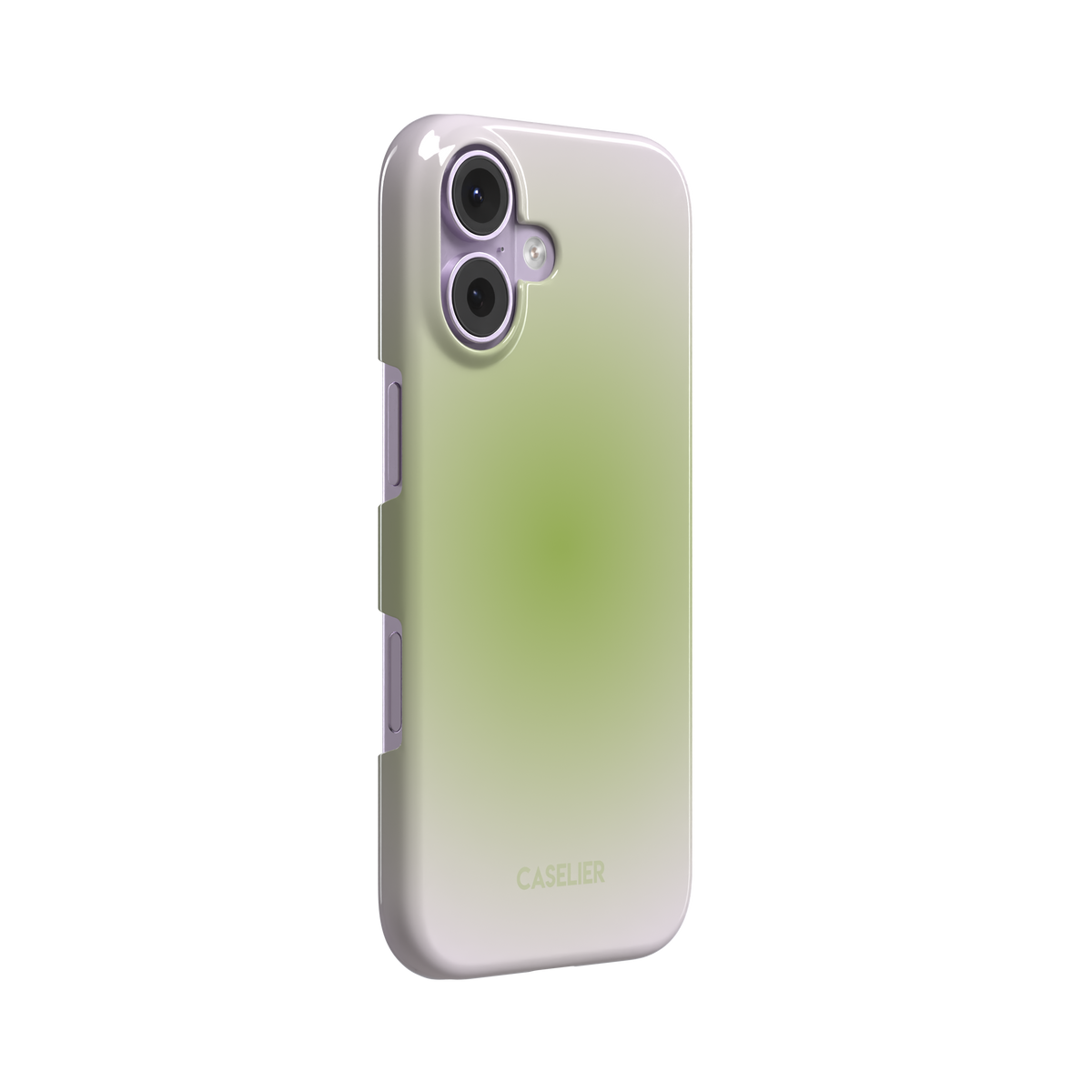 Matcha, soft green gradient glow fading into pale cream, dreamy aura effect, snap case, left view, phone case by Caselier