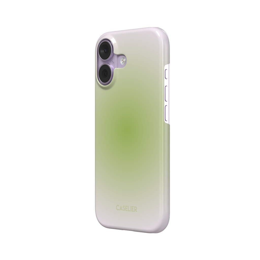 Matcha, soft green gradient glow fading into pale cream, dreamy aura effect, snap case, right view, phone case by Caselier
