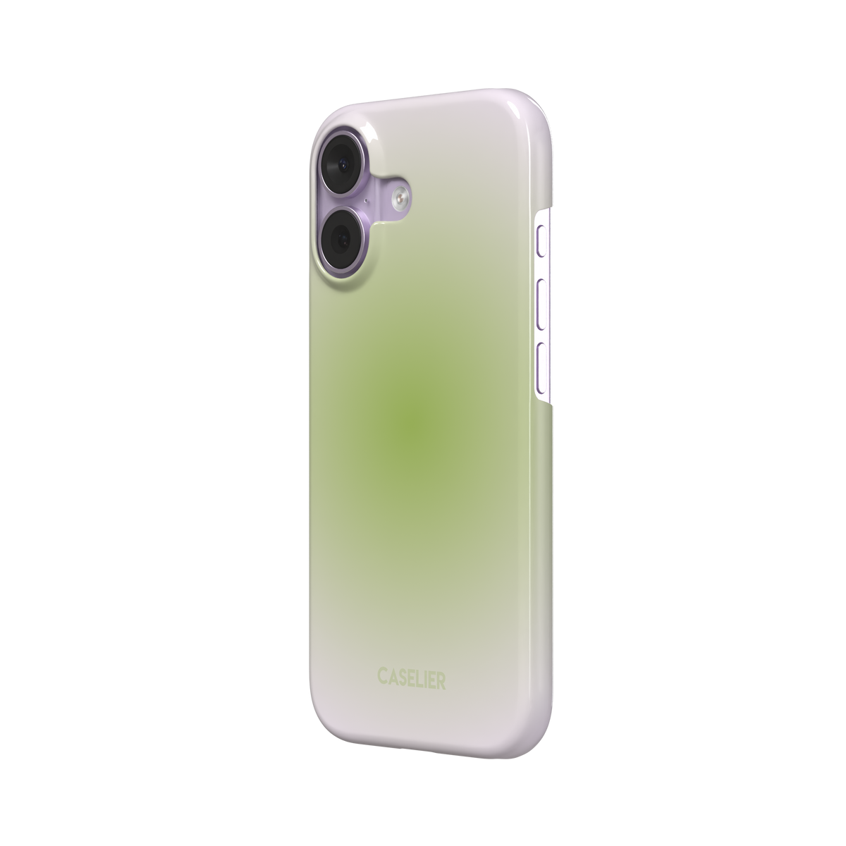 Matcha, soft green gradient glow fading into pale cream, dreamy aura effect, snap case, right view, phone case by Caselier