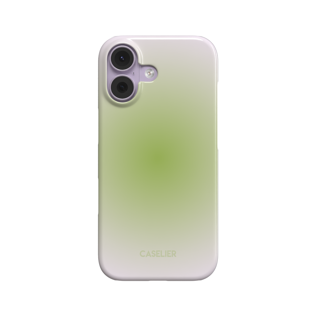 Matcha phone case with a soft radial gradient fading from white edges to a deep sage green centre, flat back view on white background, phone case by Caselier