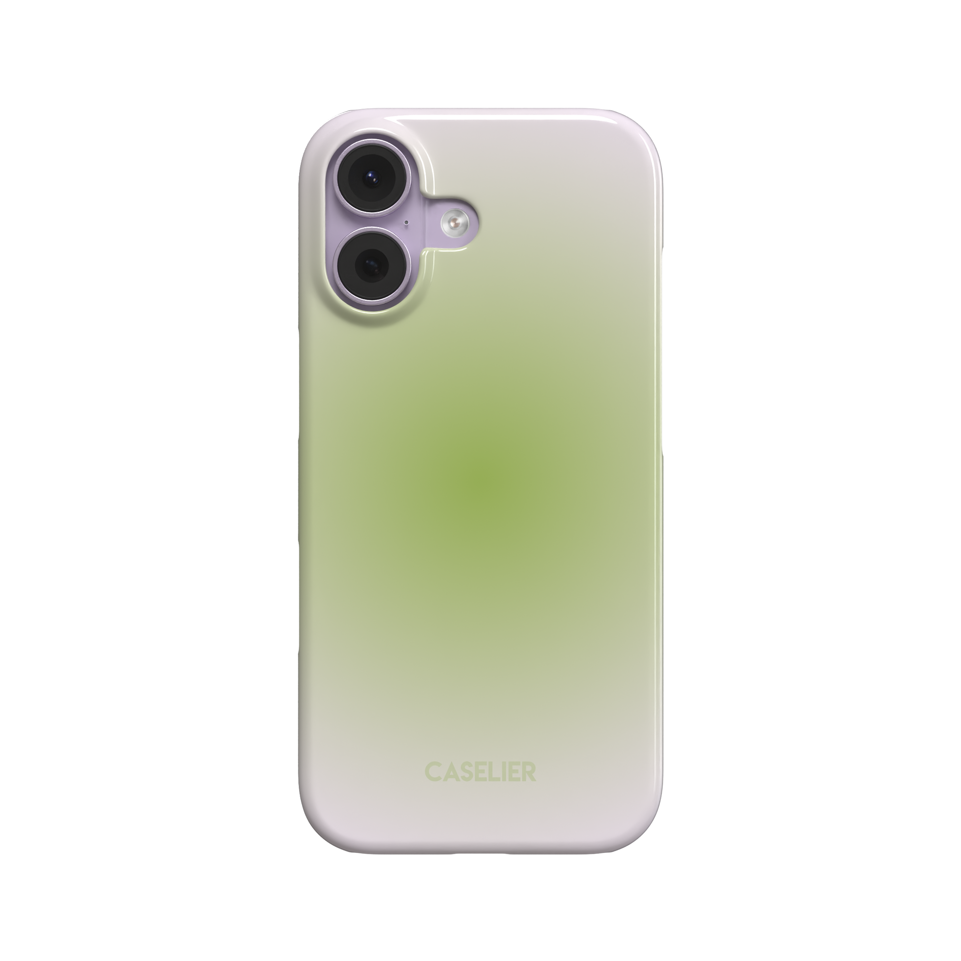 Matcha phone case with a soft radial gradient fading from white edges to a deep sage green centre, flat back view on white background, phone case by Caselier
