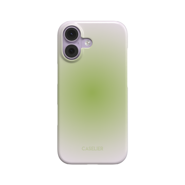 Matcha phone case with a soft radial gradient fading from white edges to a deep sage green centre, flat back view on white background, phone case by Caselier