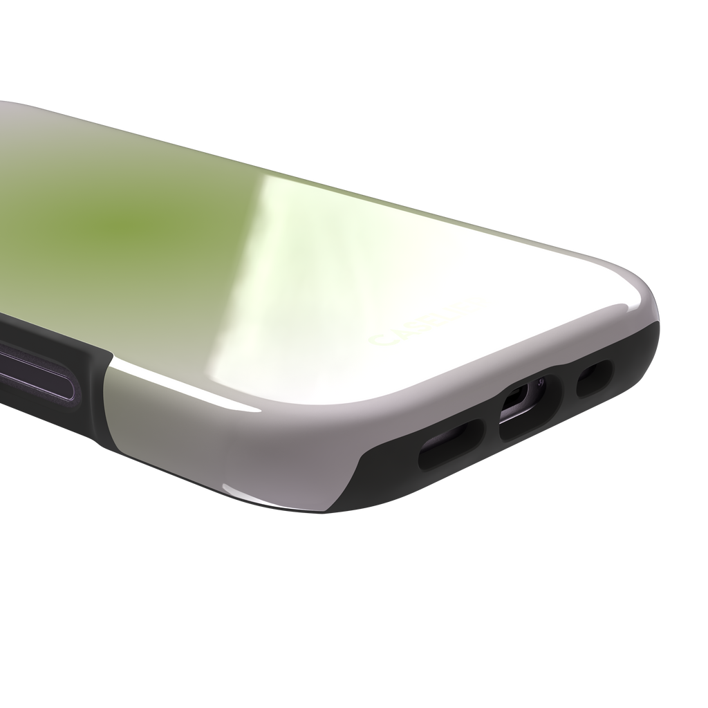 Matcha, soft green gradient glow fading into pale cream, dreamy aura effect, tough case, charging port detail, phone case by Caselier